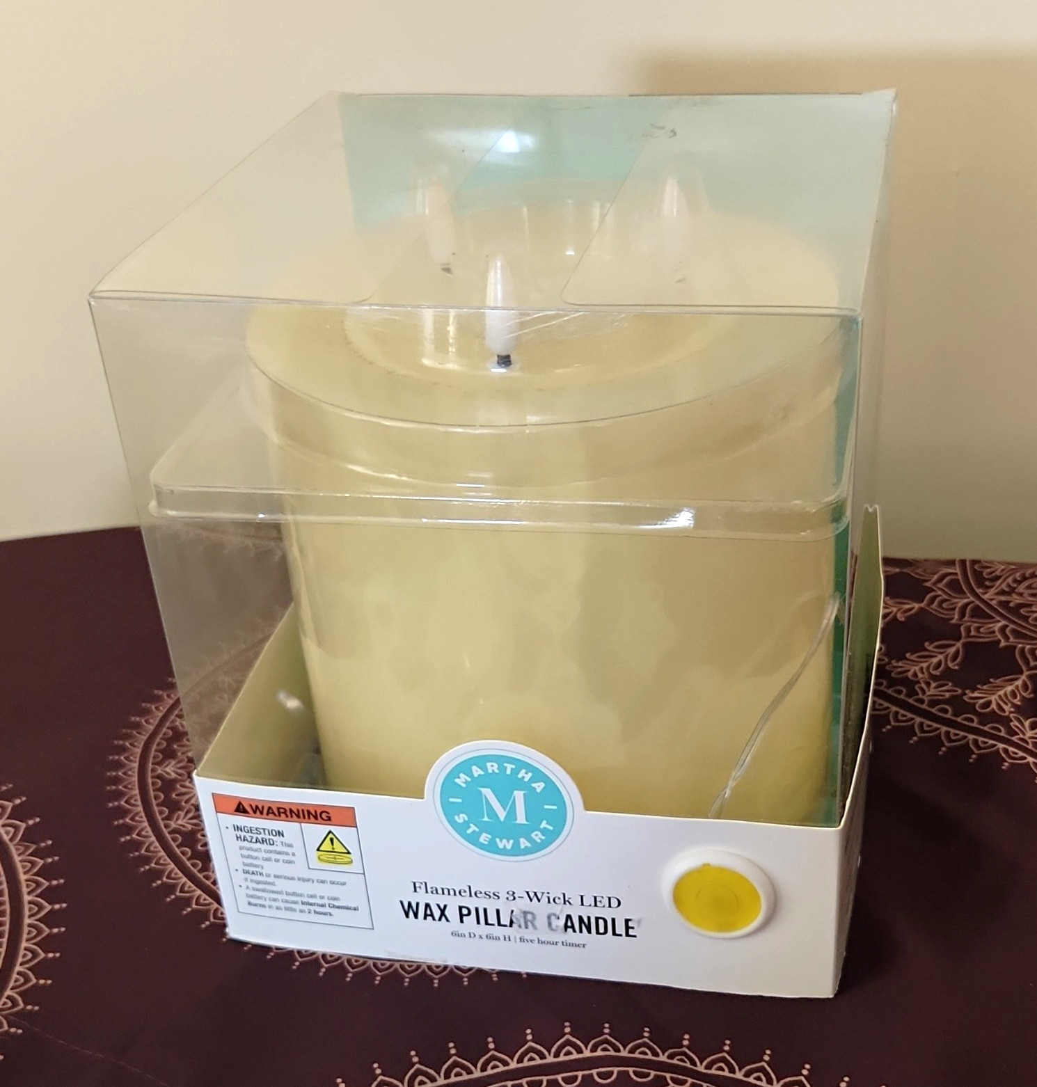 Martha Stewart Flameless 3-Wick LED Wax Pillar Candle Ivory 6in x 6in AA