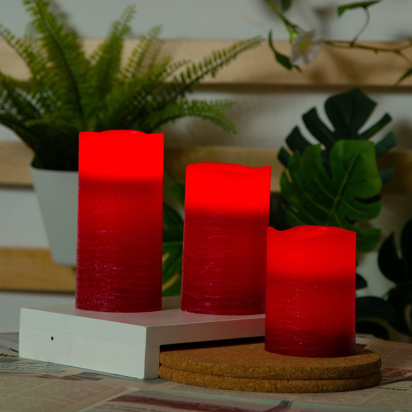 Red Flameless Candles Real Wax LED Pillar Candles Battery Operated with Cycli…