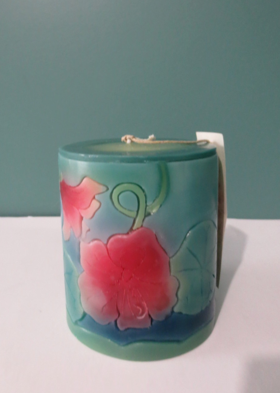 MOON ALLEY – New Teal w/ Pink Peony Pillar Candle – Size Small – 3 3/4″ T