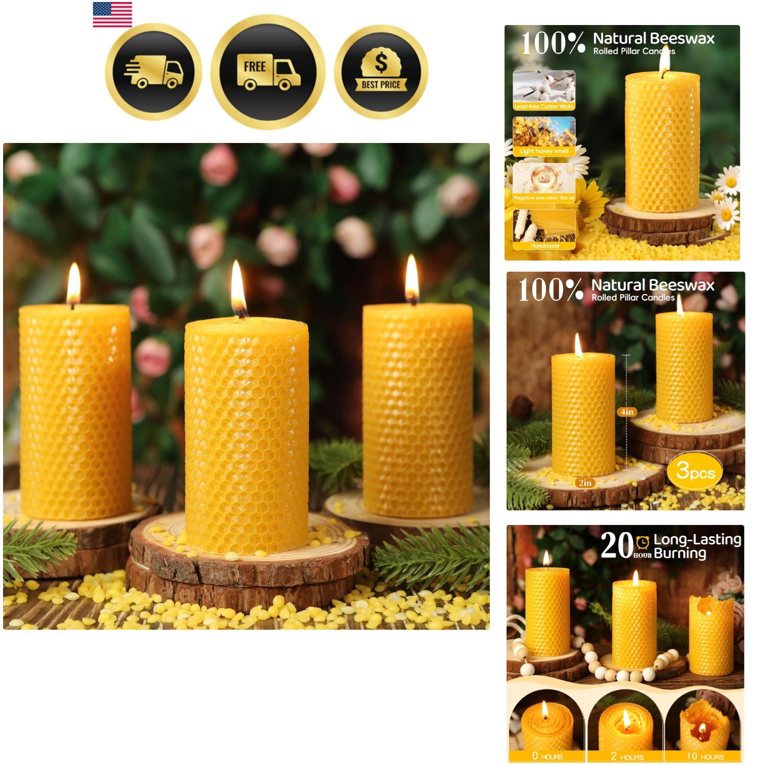 Beeswax Pillar Candles 3 Pack Long Burn Unscented Dripless Organic 2x4in