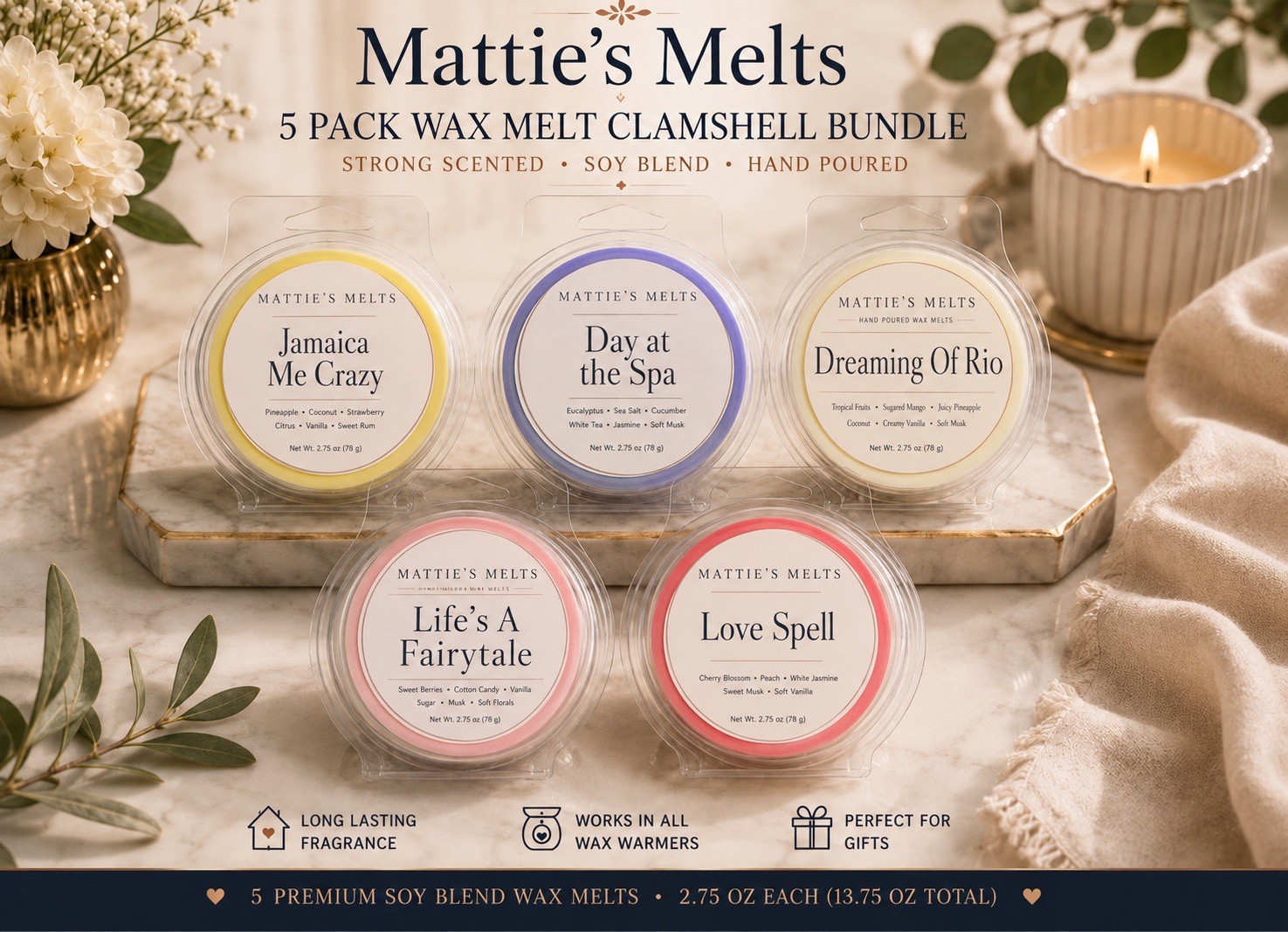 5 Pack Wax Melts Strong Scented Clamshell Bundle Home Fragrance Gift Set