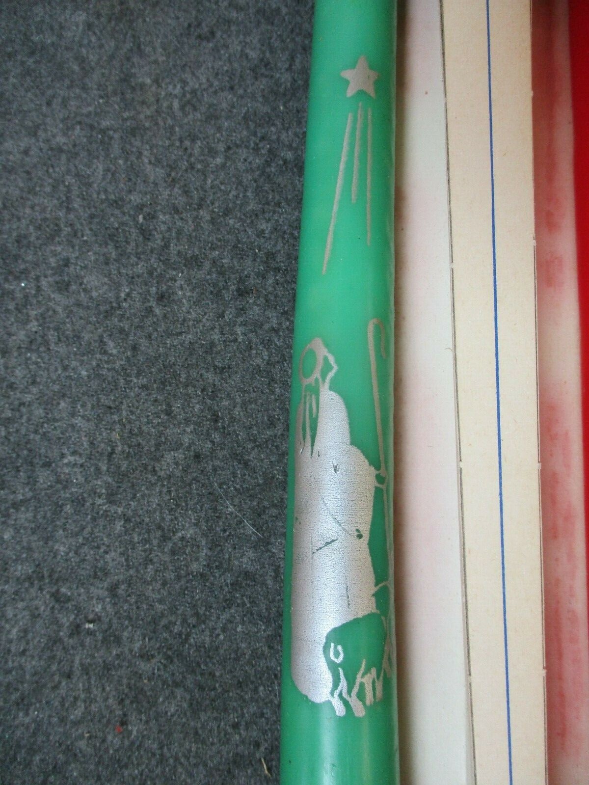 Vintage Emkay Christmas Taper Candles 12″ Pair – Red & Green – Santa & Shepherd