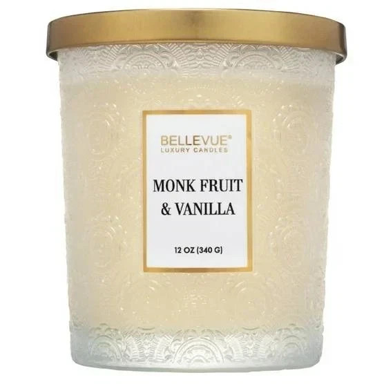 3 Bellevue Luxury Candles Embossed Glass Jars Soy-Blend, Monk, Fern and Cardamom