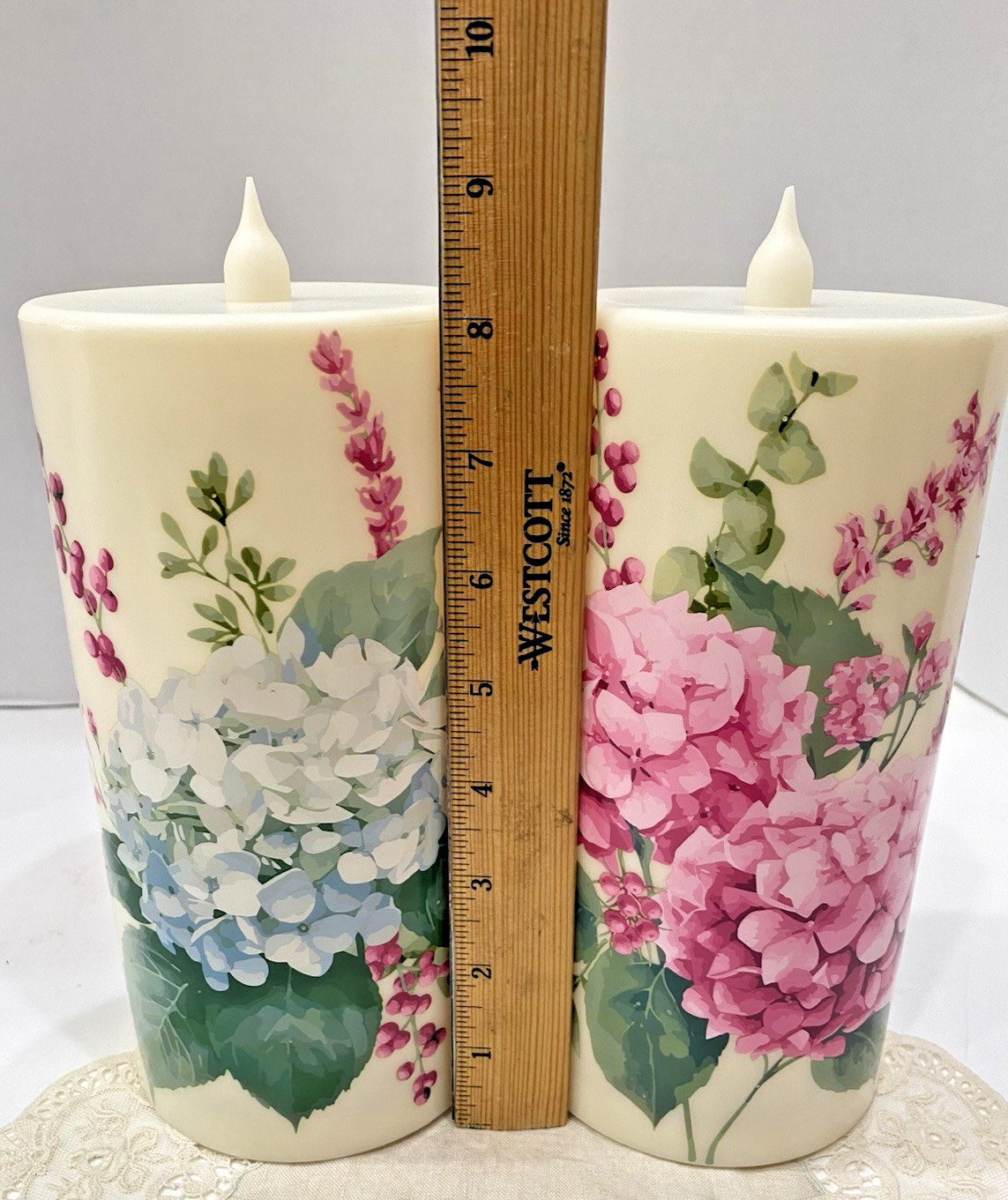 NEW Temp-tations Set of (2) 8″ Outdoor Fiberoptic Candles Pink & Blue Hydrangeas