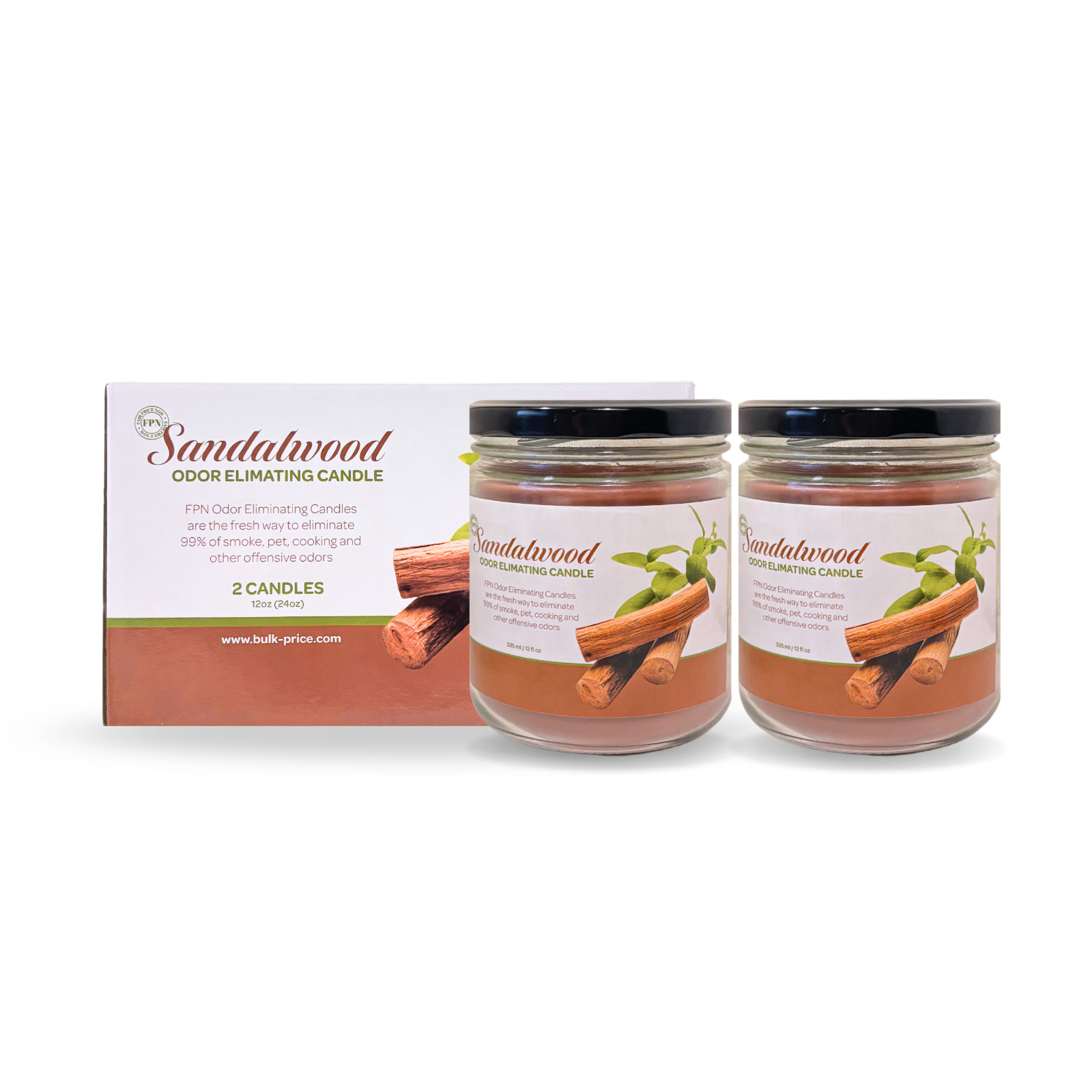 FPN Smoke Scented Odor Eliminating Candles Natural Soy Wax Candle Sandalwood-2Ct
