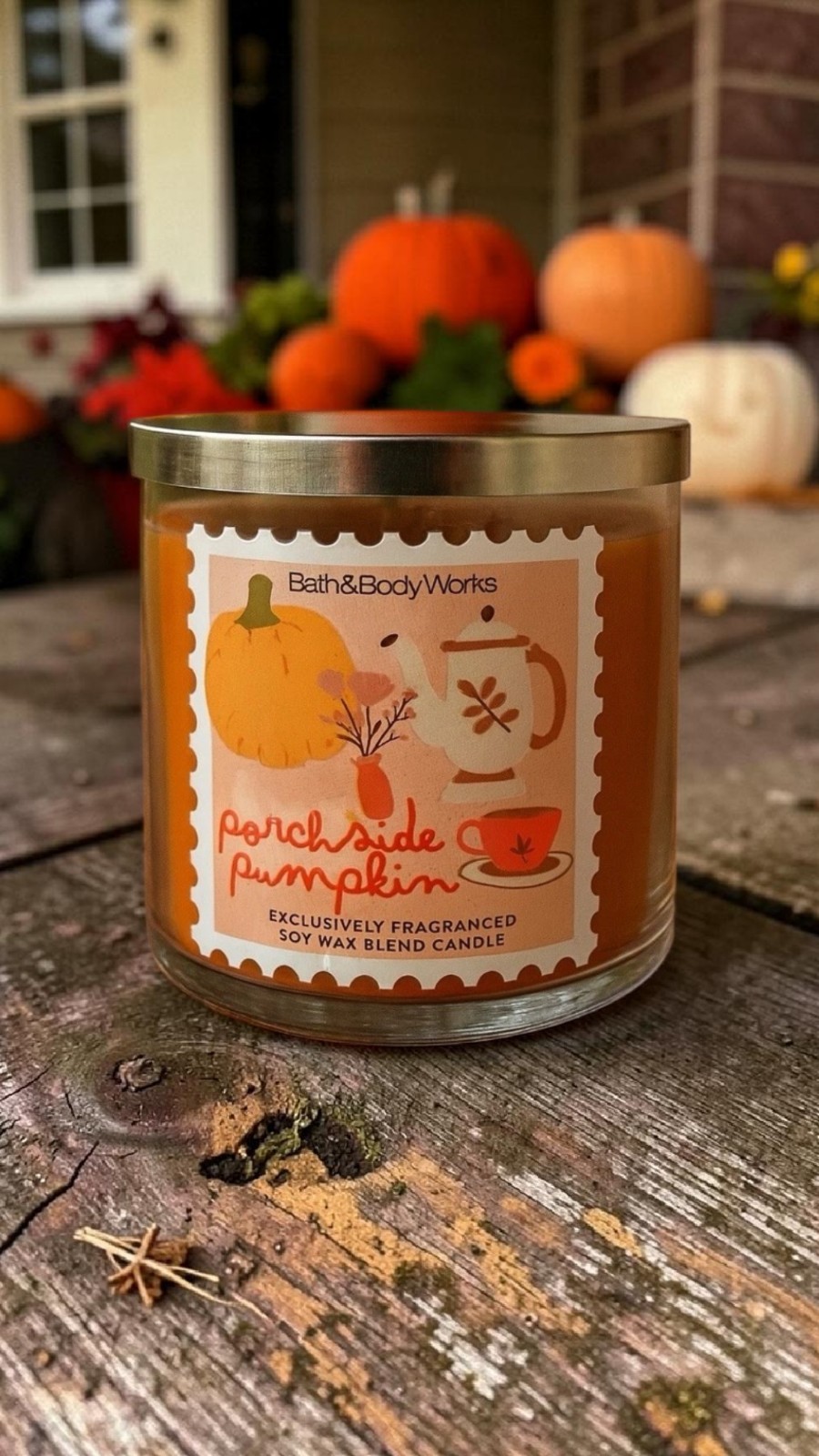 Bath & Body Works PORCHSIDE PUMPKIN Scented 3 Wick CANDLE 25-45 Hrs
