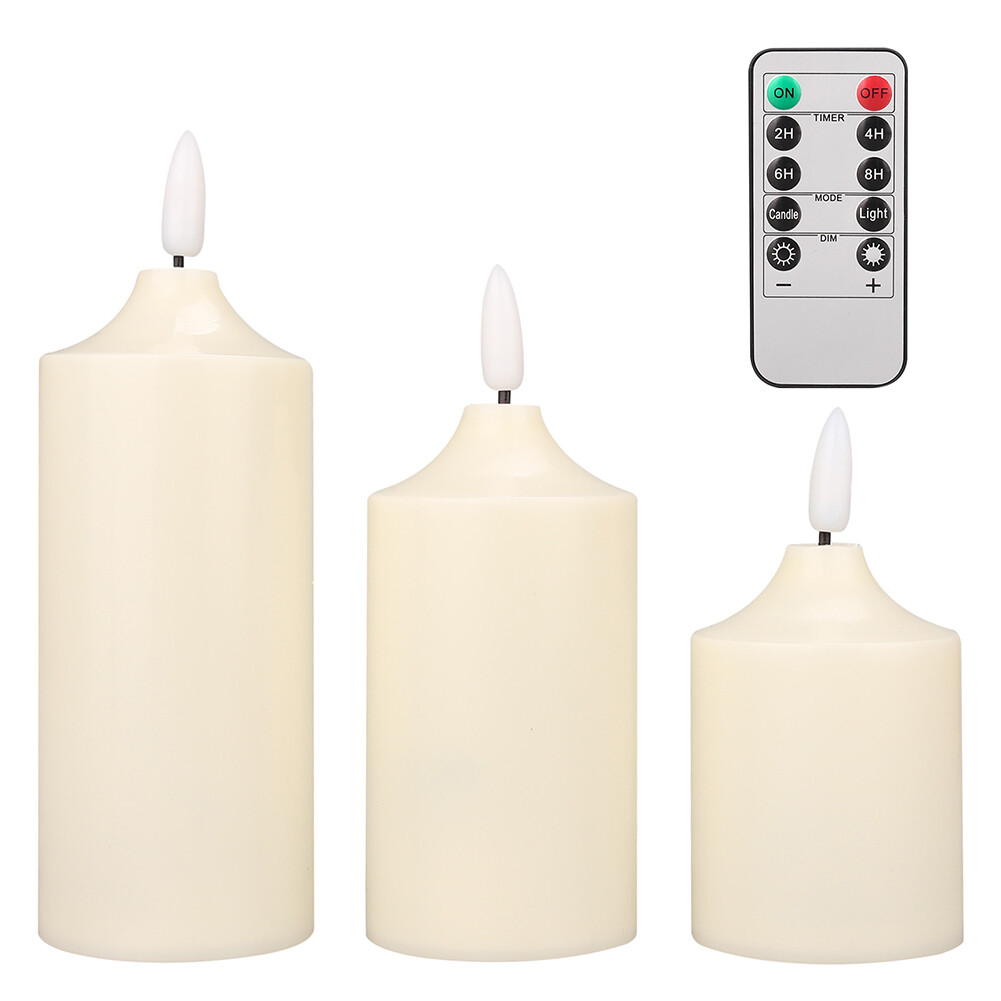 Set of 3 Flickering Flameless LED Candles with Timer Remote Battery Operated