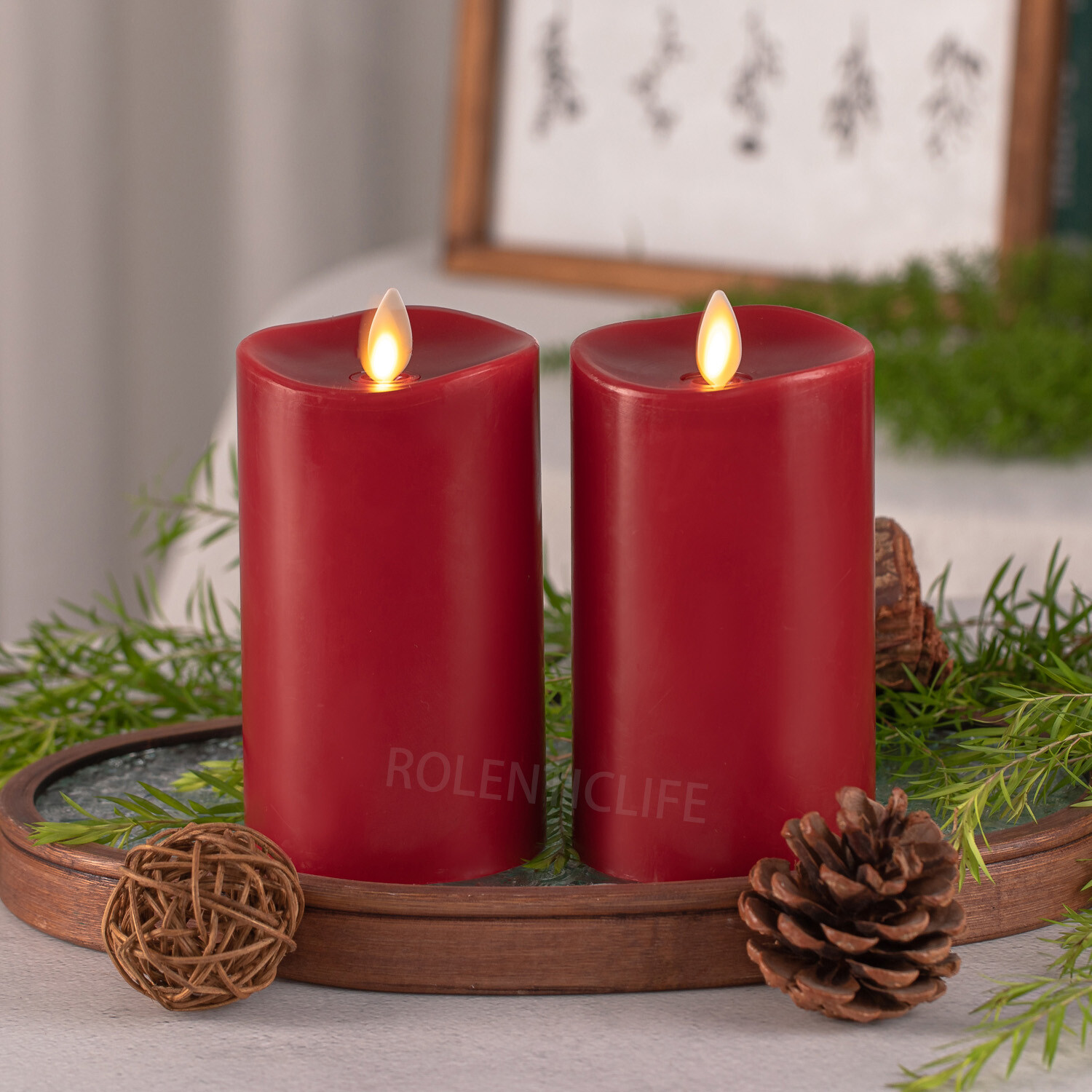 Luminara Real Wax Flameless Pillar Candles Red Moving Wick Timer Remote LED 3″