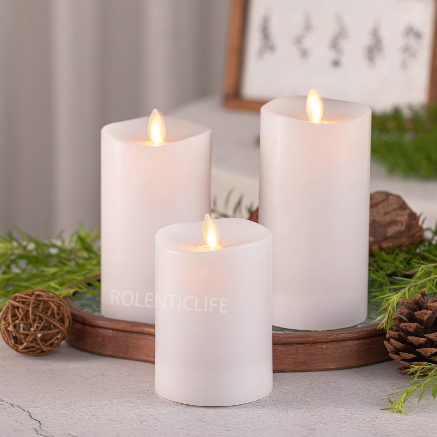 Luminara Flameless LED Moving Flame Pillar Wax Candles with Remote White Unscent