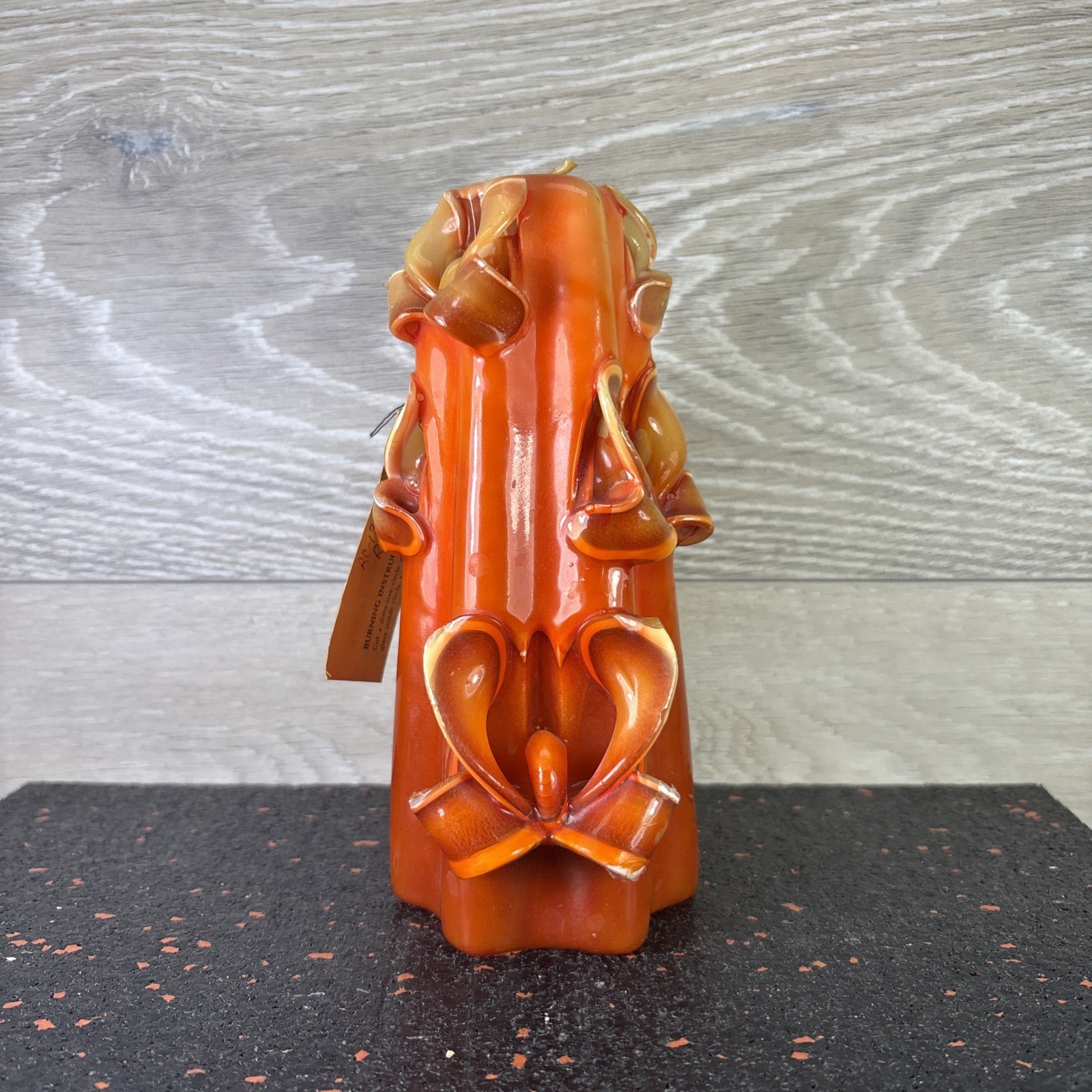Vintage Candle Art Hand Carved Art Deco Theme, Beige Orange Brown 6” Tall
