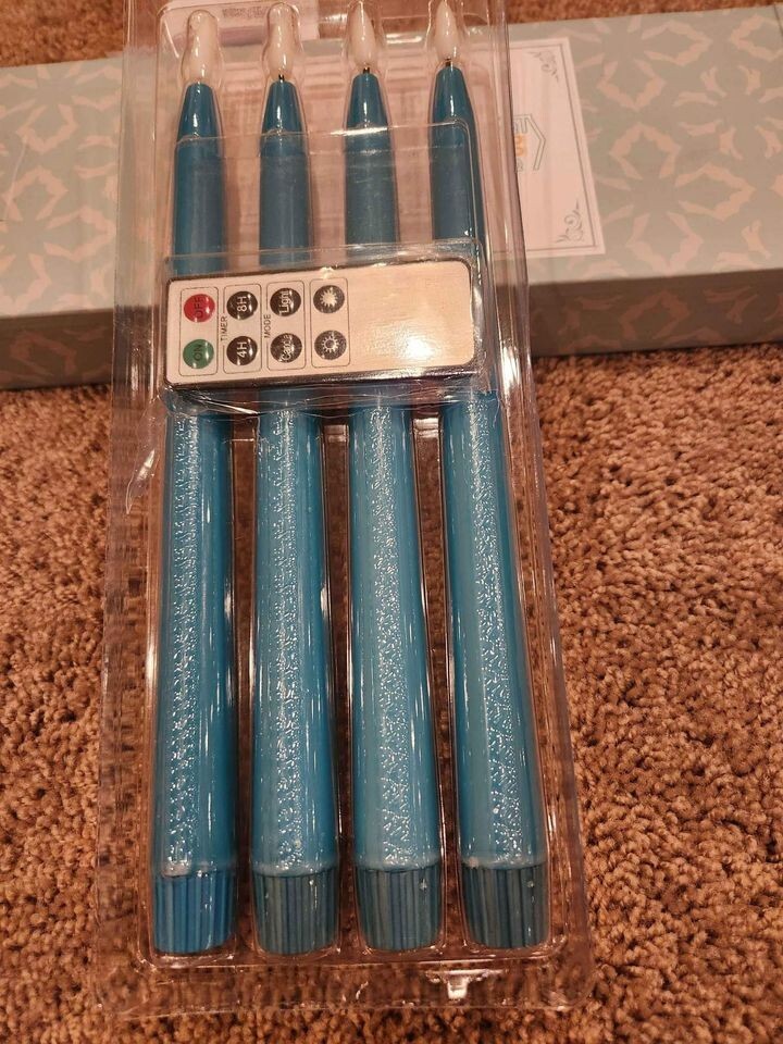 4 Pack Flameless Fanna LED Turquoise Taper Candles Timer Remote Battery Operated