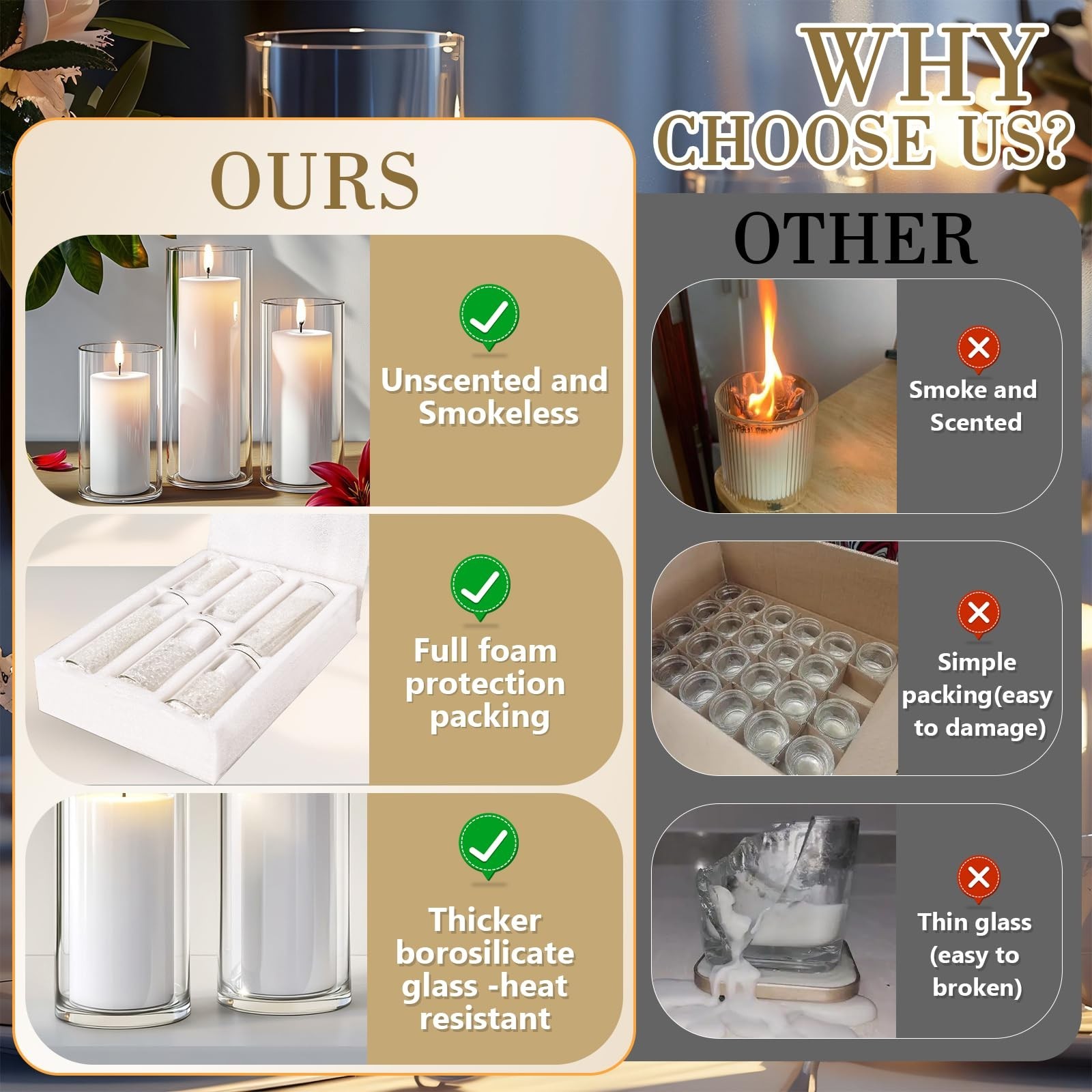 24 PCS Ivory White Pillar Candles Glass Candle Holders Cylinder Vases Homjoy