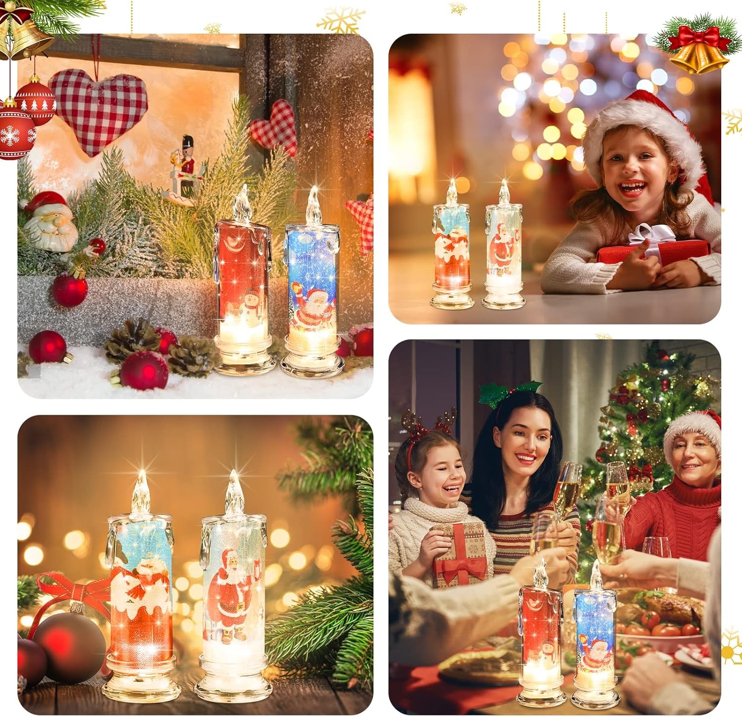 Flameless LED Candles Set of 4 with Santa Claus, Snowman Decals – Battery Ope…