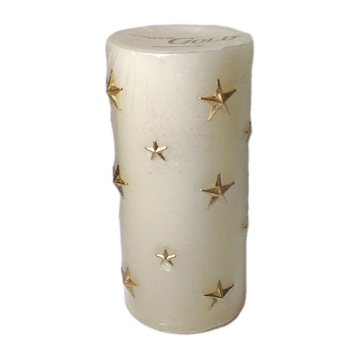 Vintage “A Touch of Gold” Wax Pillar Candle Glitter Cream Gold Stars 6.25″ New