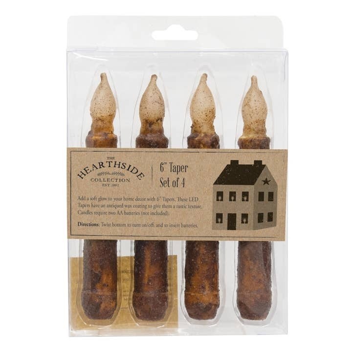 Primitive Burnt Mustard, Brown Battery Operated Led Tapers Set of 4 in Package