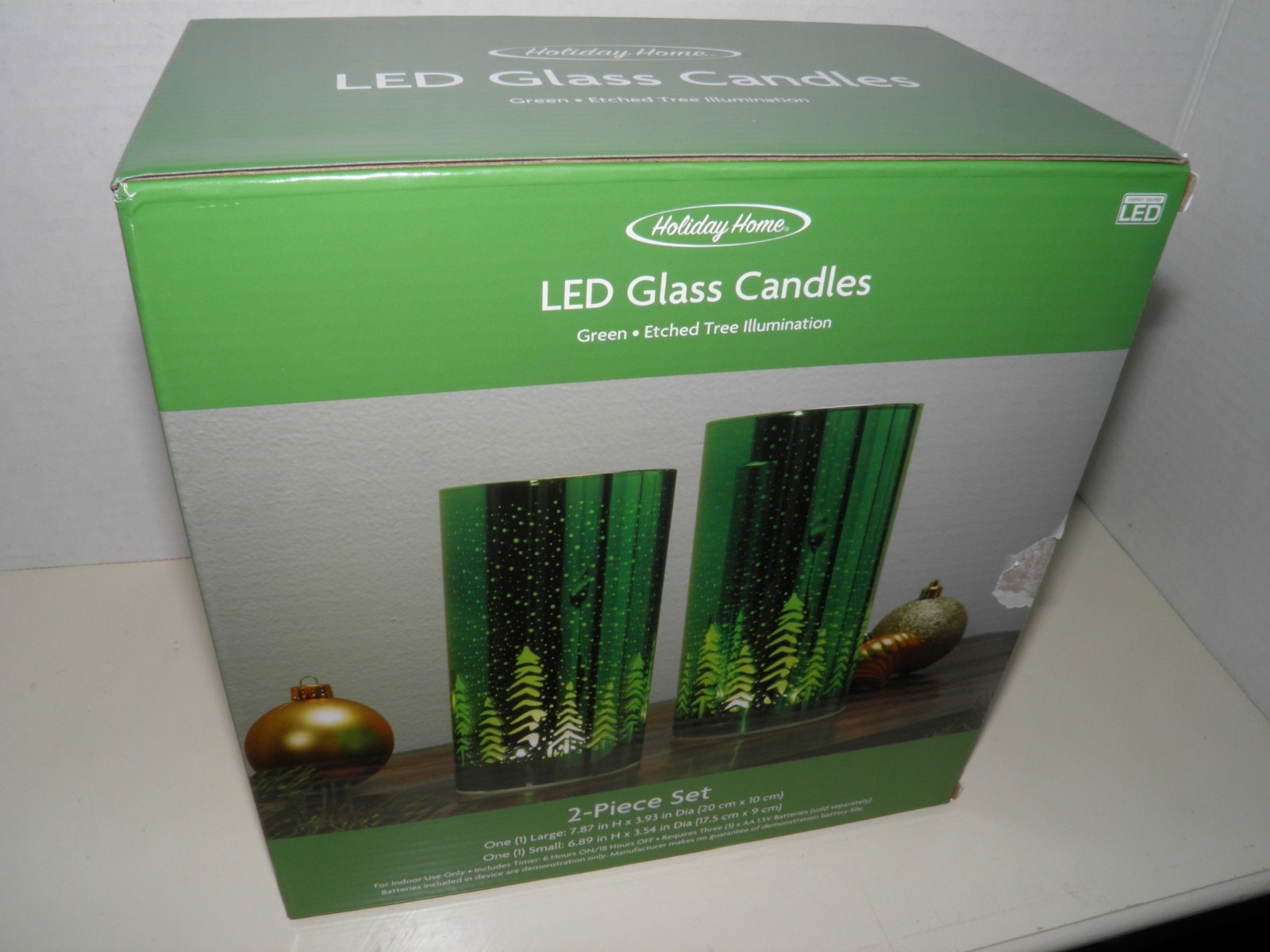 Holiday Home LED Glass Candles Green Etched Tree Illumination 2 Piece With Box