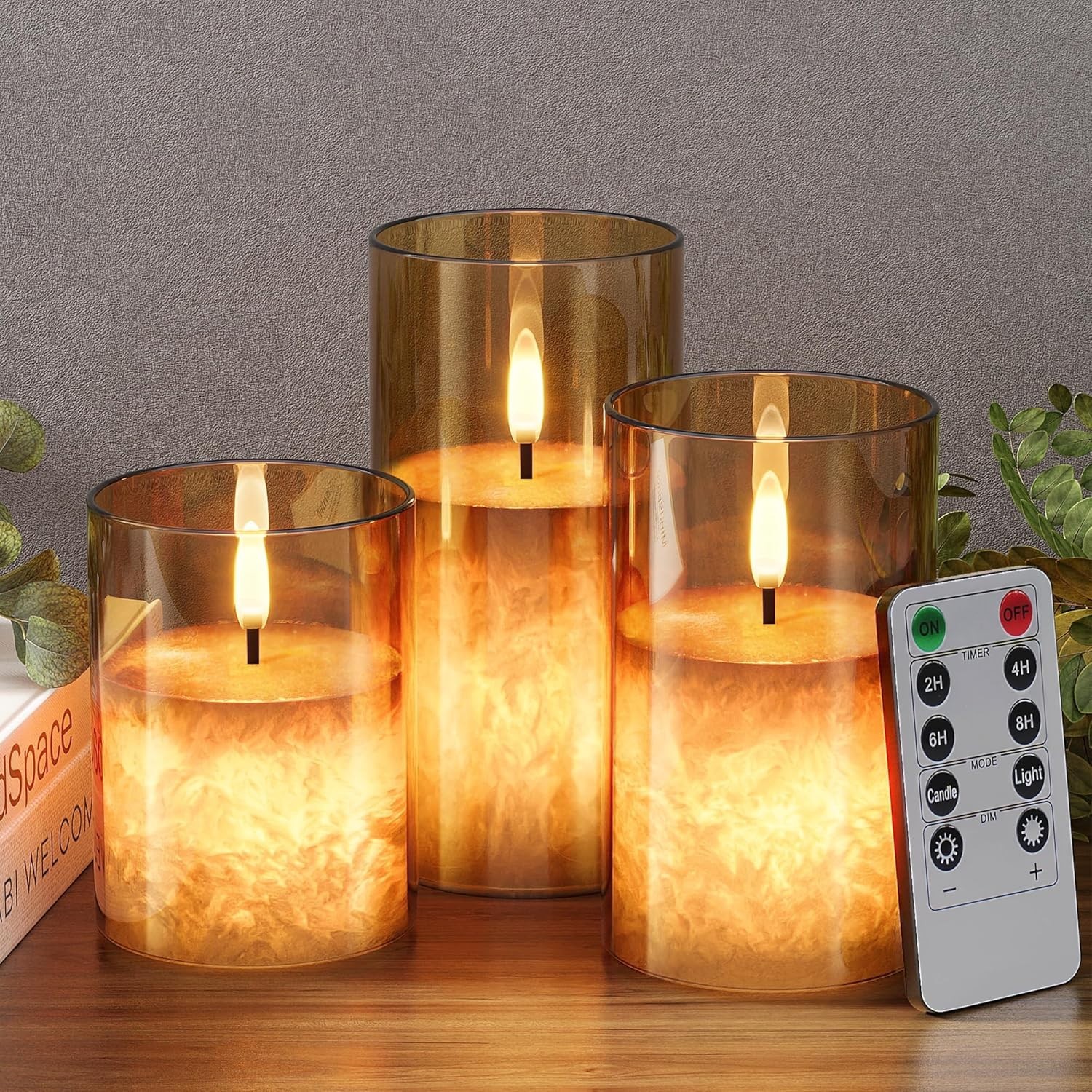 Dimmable Gold LED Flameless Candles with Remote – Sparkling Warm Glow, 3 Pack