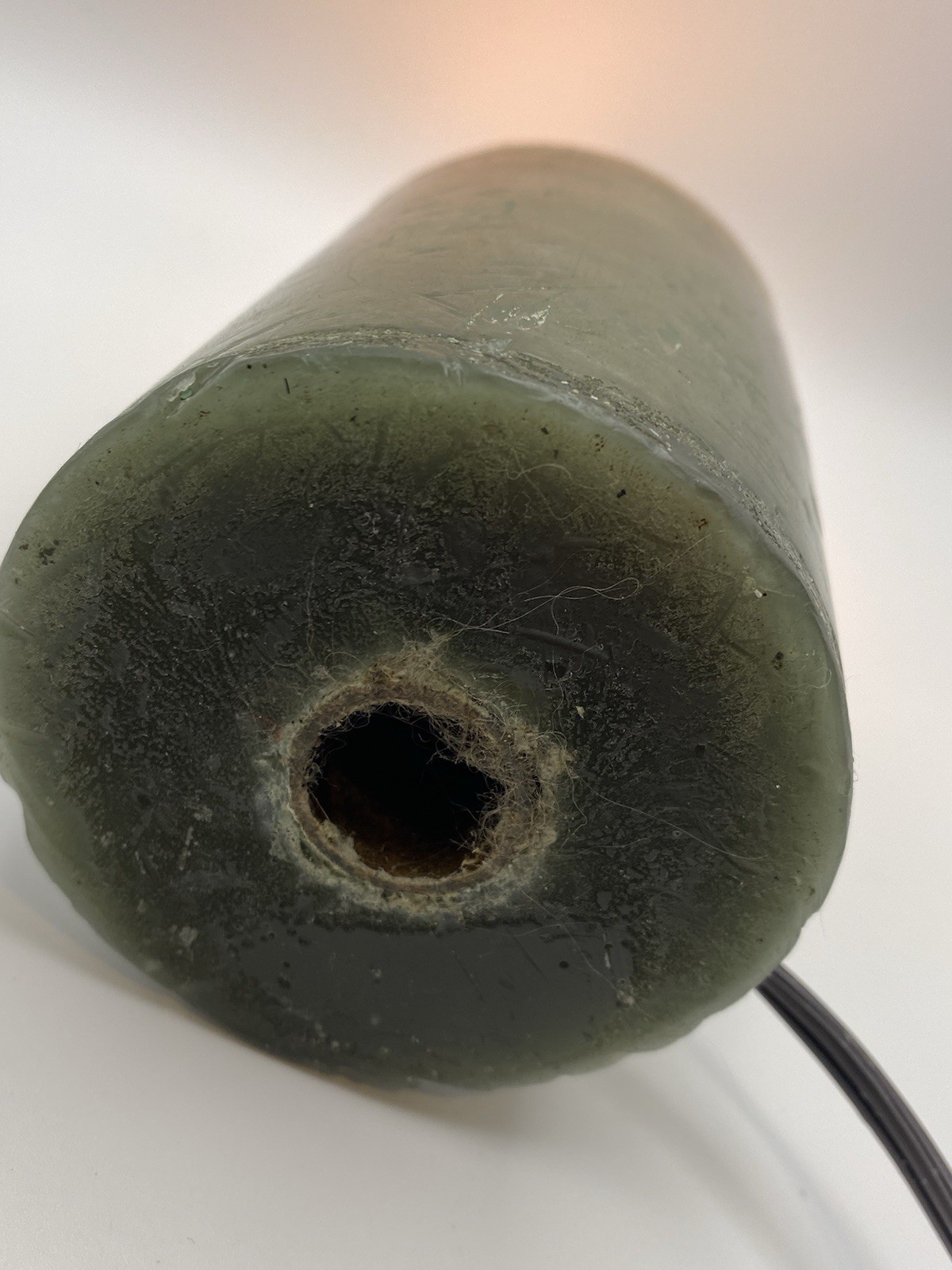 Green Wax Pillar Candle With Gold Flicker Flame Bulb, Corded, On/Off Switch, 8”