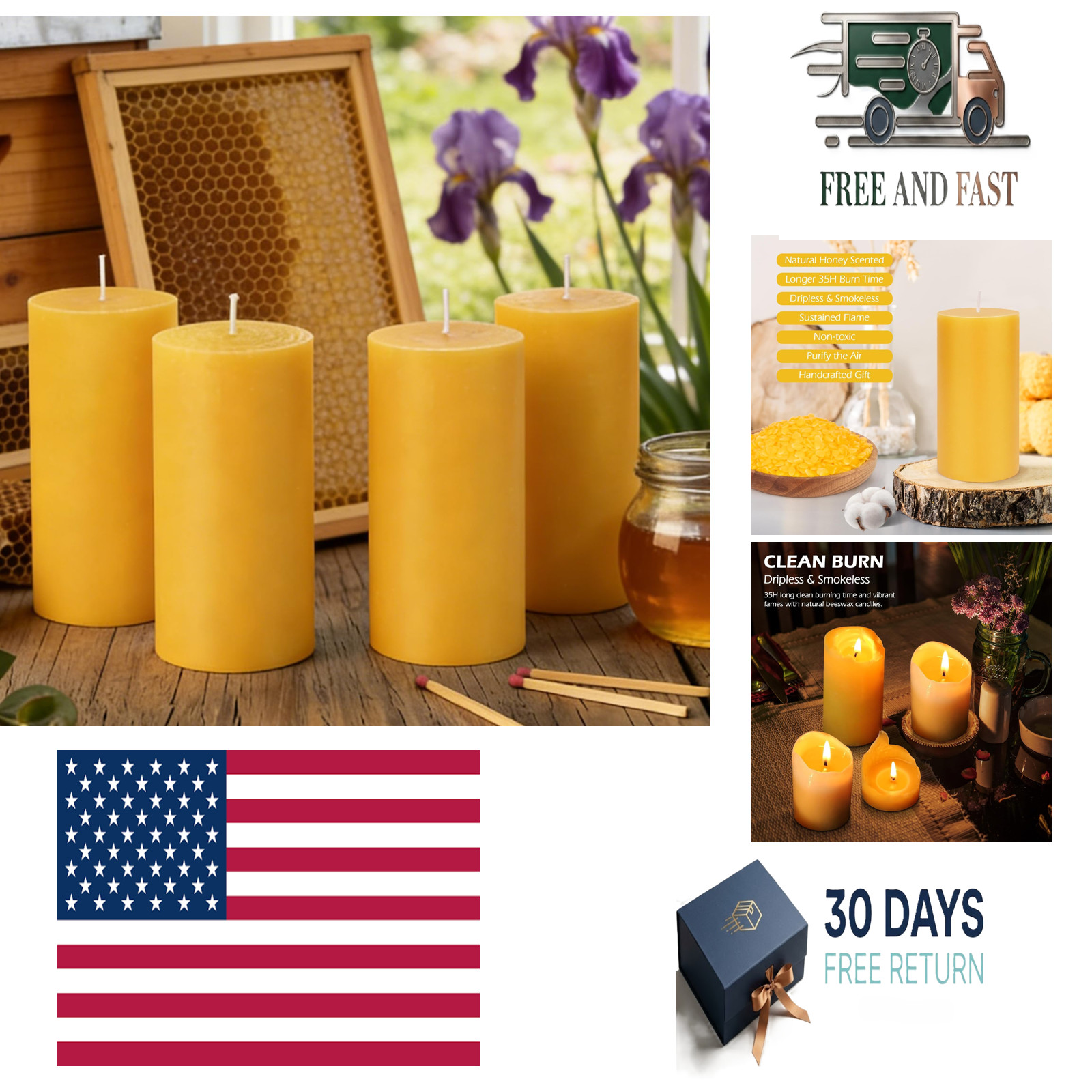 Natural Beeswax Pillar Candles,4 Pack, 3″ x 4″ Pure Beeswax Candles,Large Candle