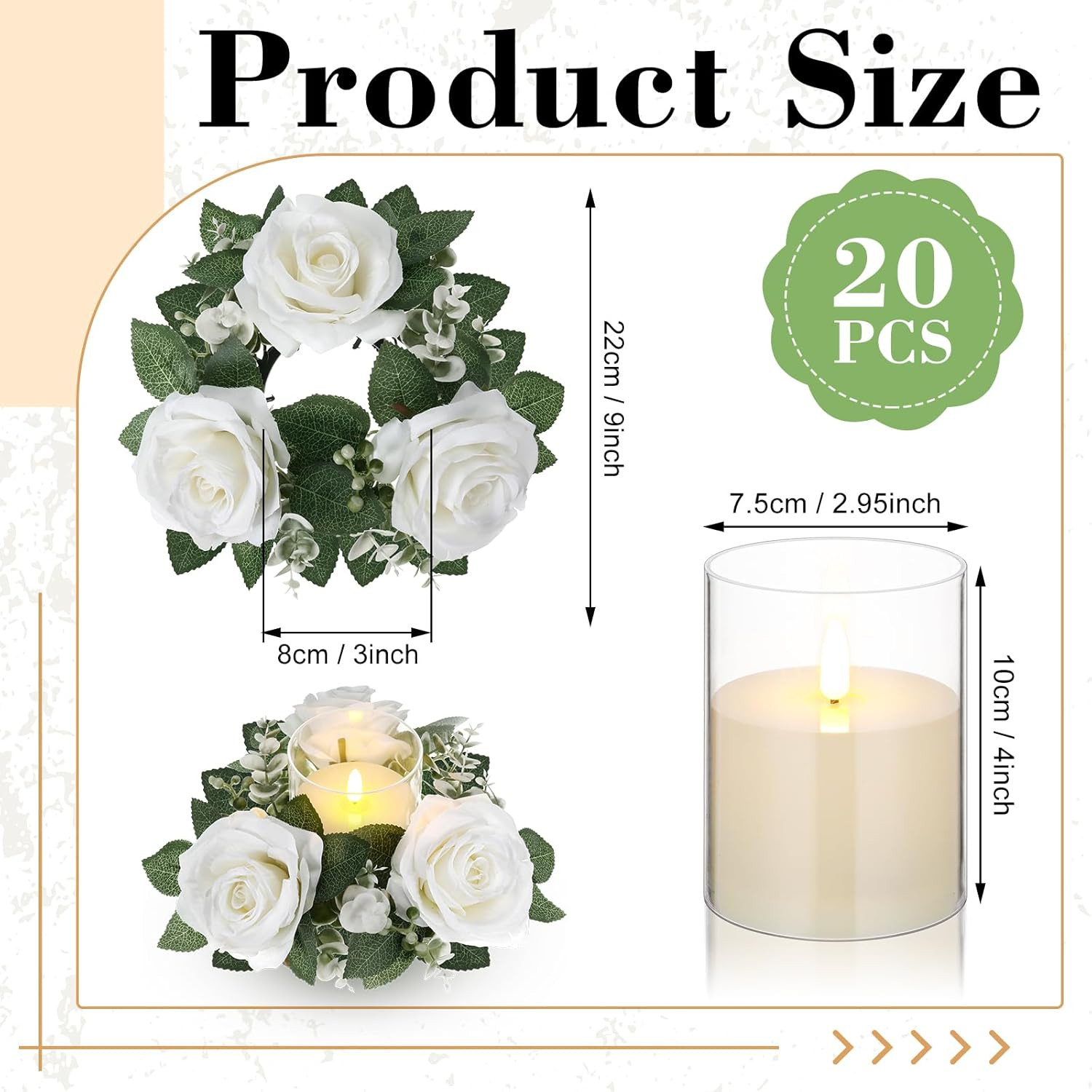 20 Pcs White Rose Candle Rings with Flameless Candles for Weddings & Events