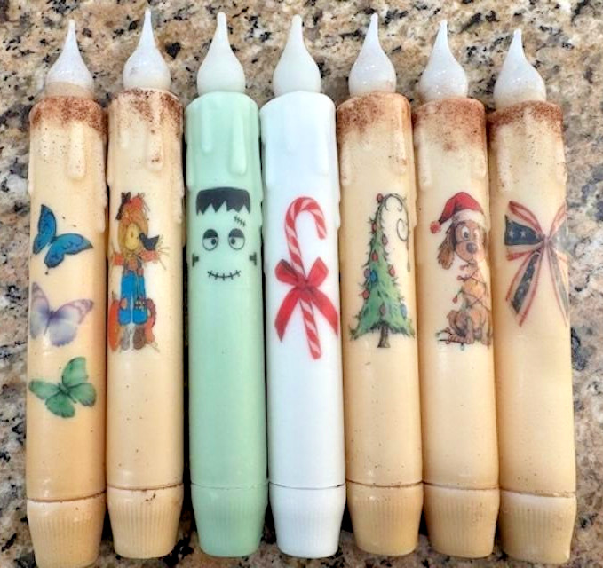 7″ Battery Operated Wax-dipped Imaged Taper Candle ~ 6 Hour LED Timer ~ 100 Imag