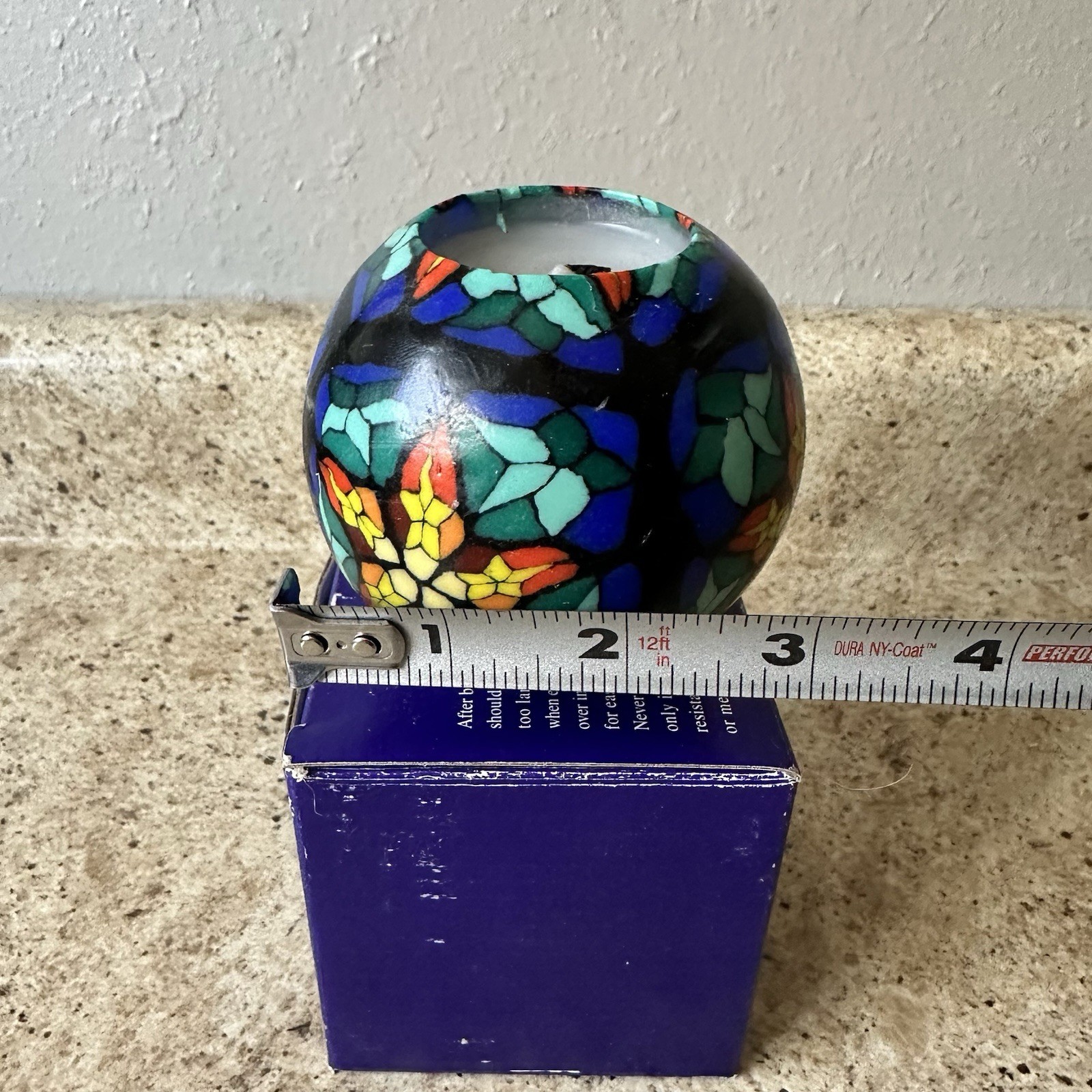 VTG 90s Candle Round Glowing Ball Star Stained Glass Millefiori Mosaic With Box