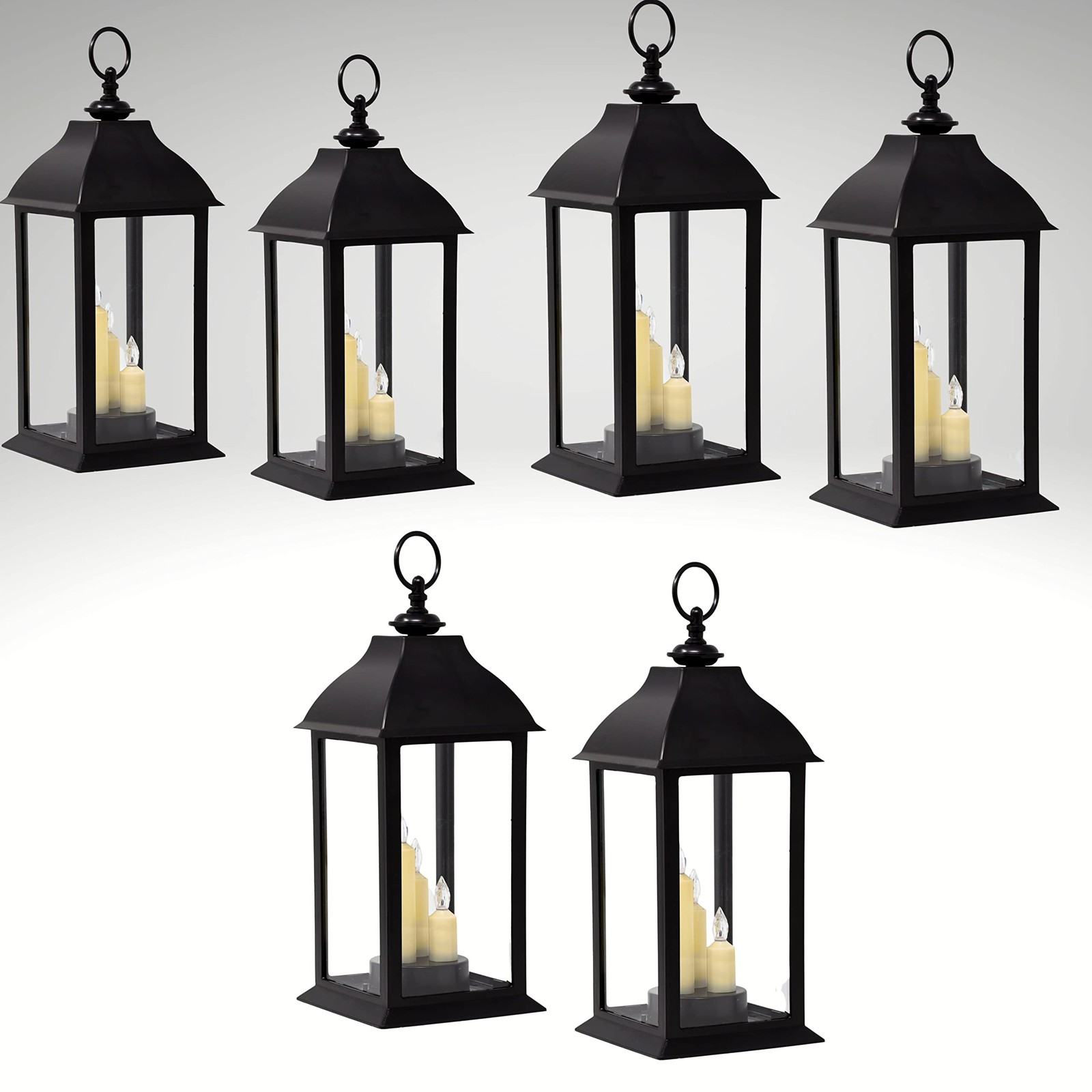 Decorative Black Lantern Set (6 Pack, 13″), 3 Flameless Candles Each, 5-Hour …