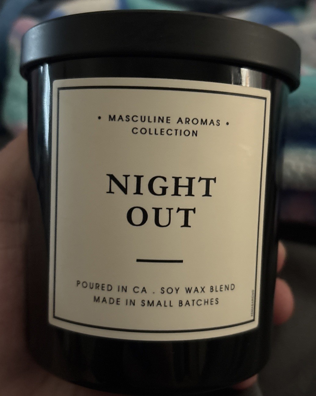 Masculine Aromas “Night Out” Candle – Soy Wax Blend – Black Jar – New