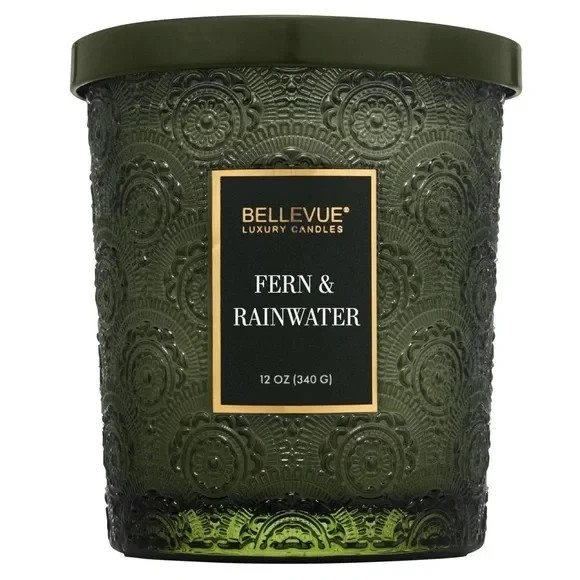 3 Bellevue Luxury Candles Embossed Glass Jars Soy-Blend, Monk, Fern and Cardamom