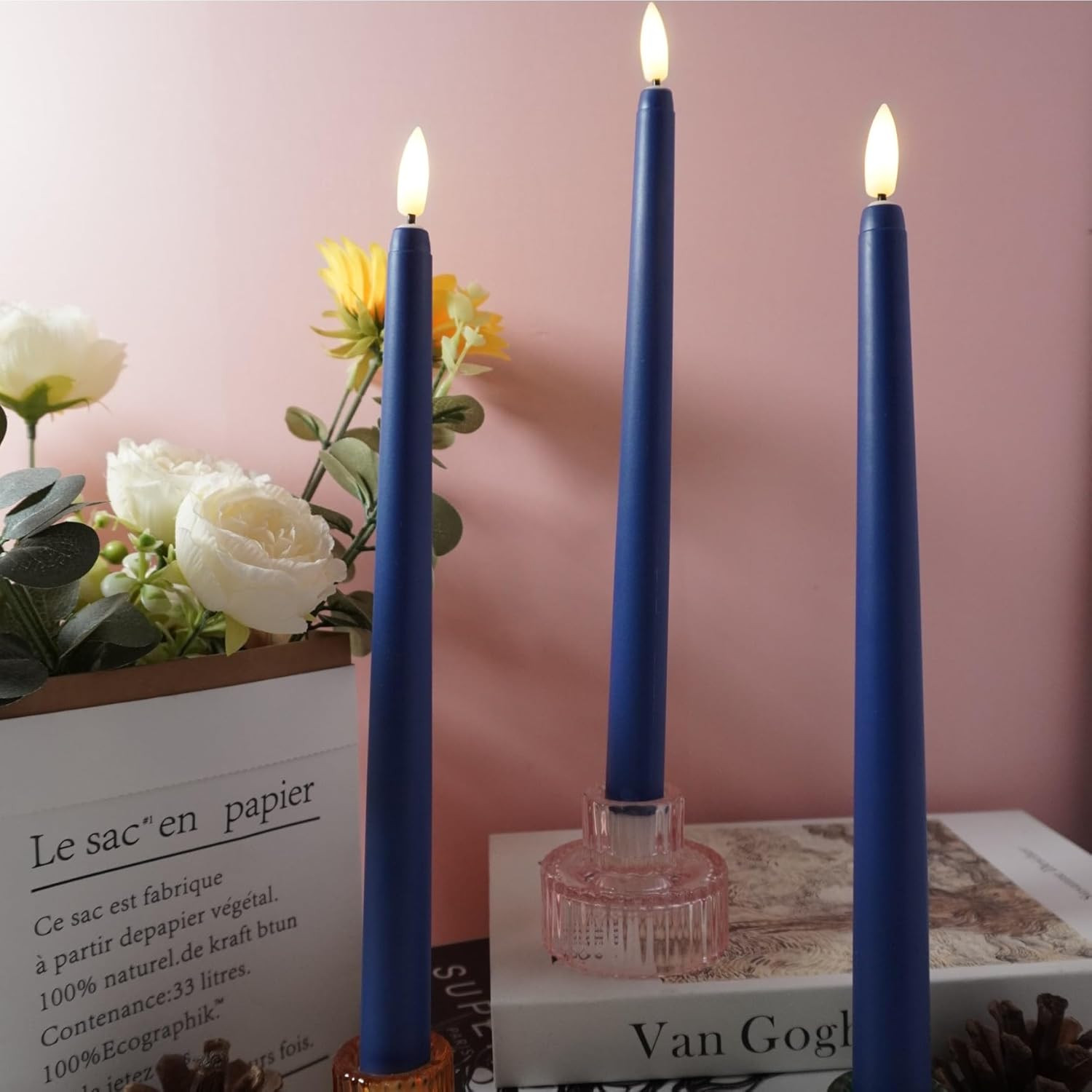 Navy Blue Flameless Taper Candles with Remote, Flickering Battery Powered LED Ca