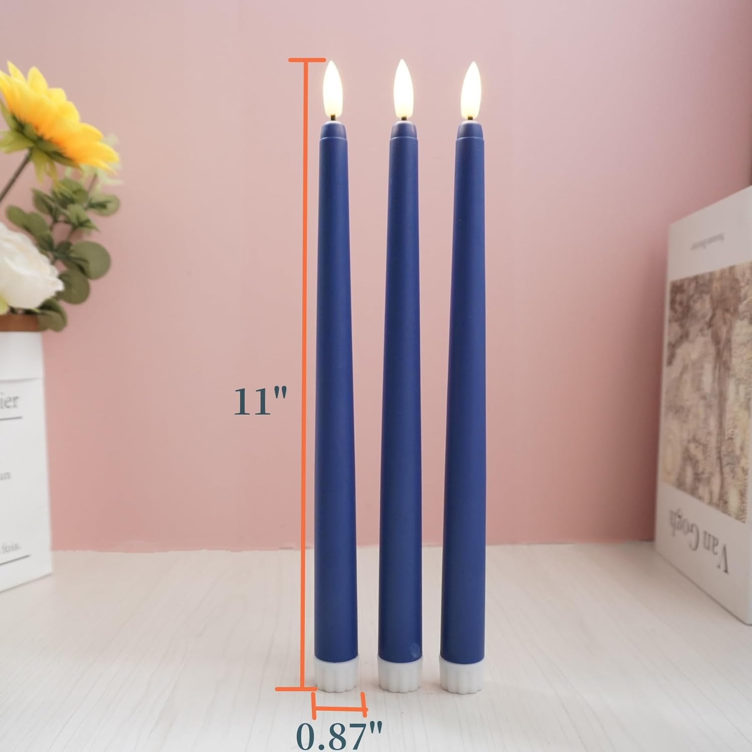 Navy Blue Flameless Taper Candles with Remote, Flickering Battery Powered LED Ca