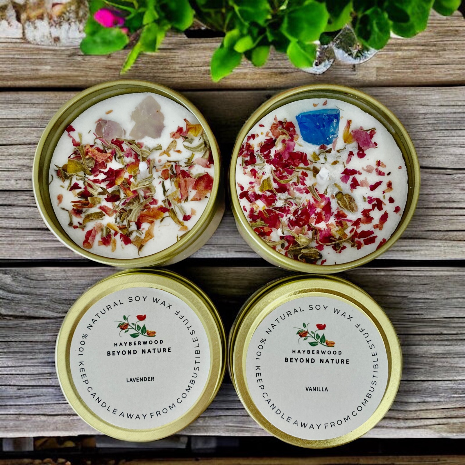 Handmade Herbal & Crystal Soy Candle Tin, 4oz Lavender, Vanilla, Organic Soy Wax