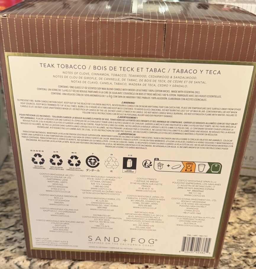 Sand + Fog 57 Oz Teak Tobacco Scented Soy Wax Blend Candle With Wood Lid New