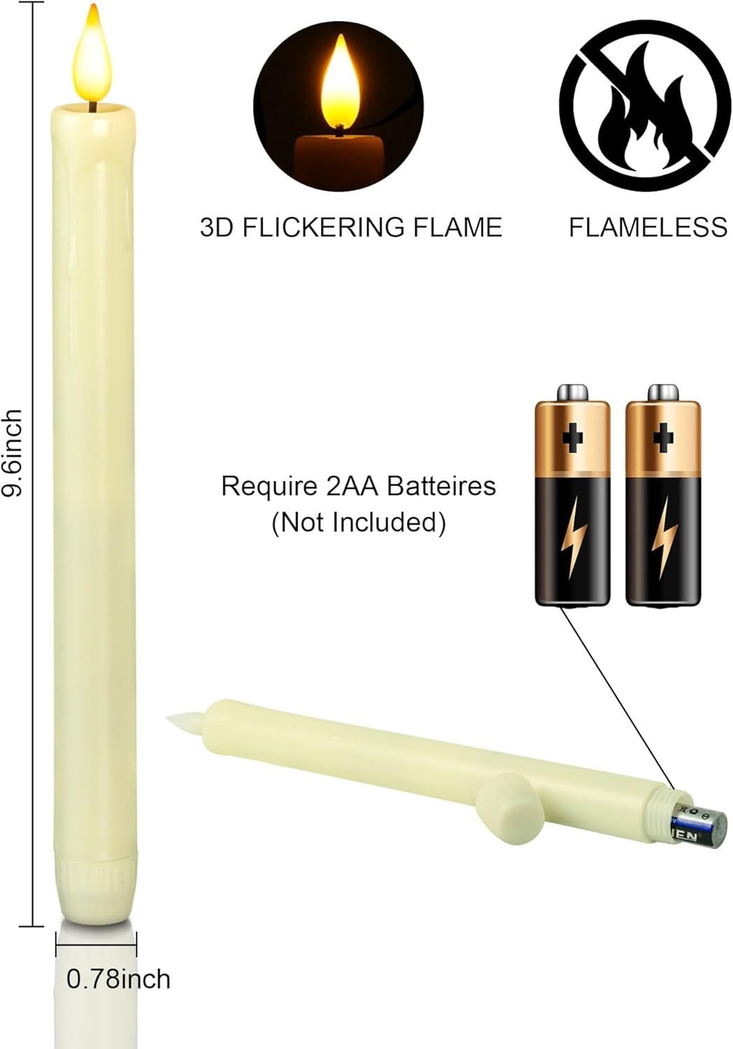 Elegant 2-Pack Flameless Taper Candles with Flickering LED – Ivory 9.6″