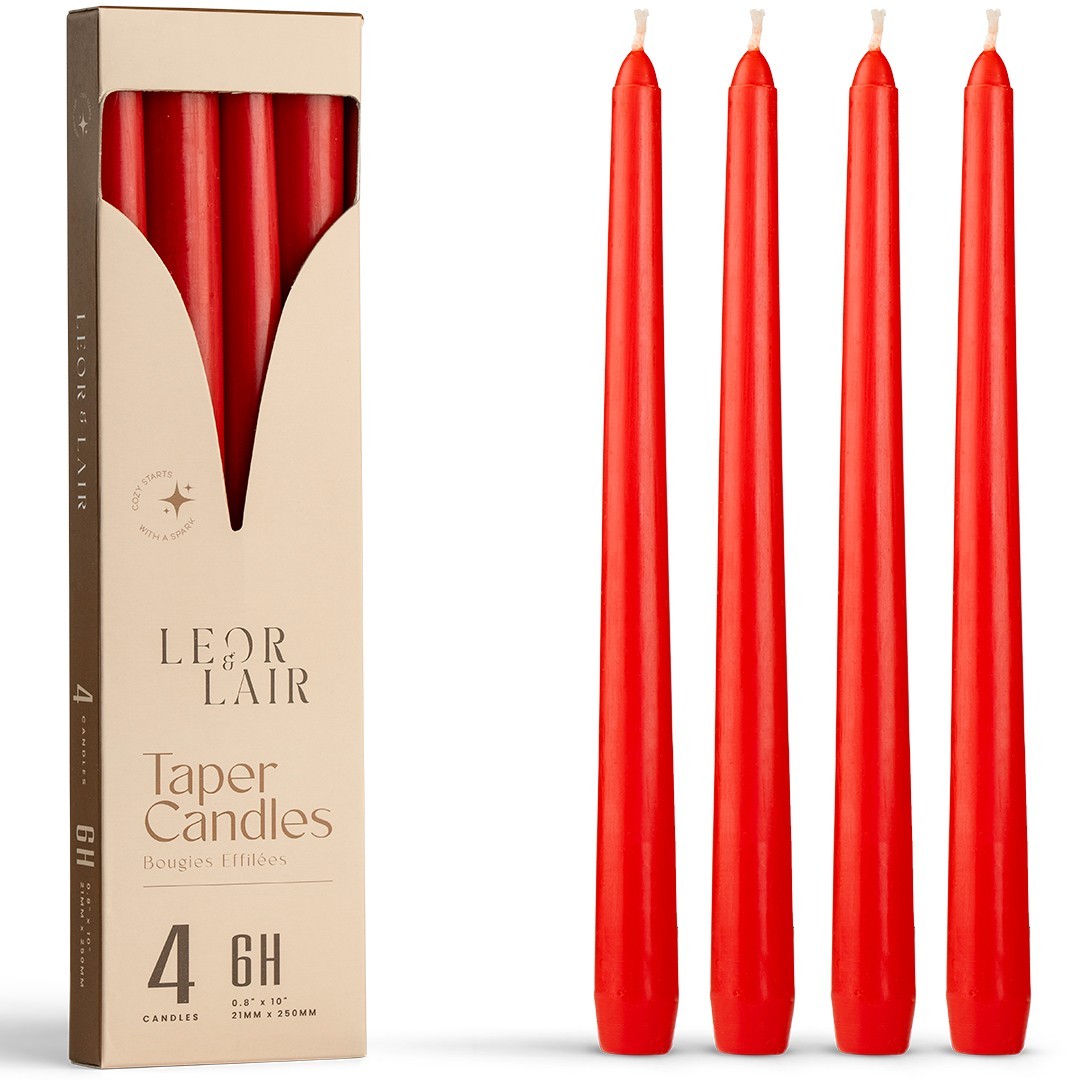 Leor & Lair Taper Candles – 4 Pack – 10″ Tall Candlesticks, Unscented, 6+ Hours