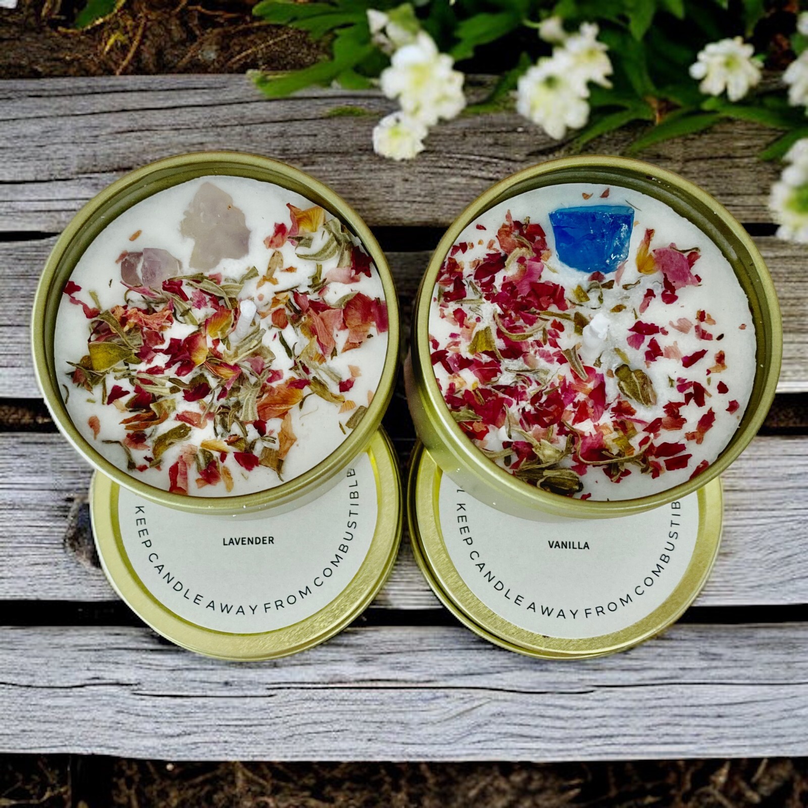 Handmade Herbal & Crystal Soy Candle Tin, 4oz Lavender, Vanilla, Organic Soy Wax