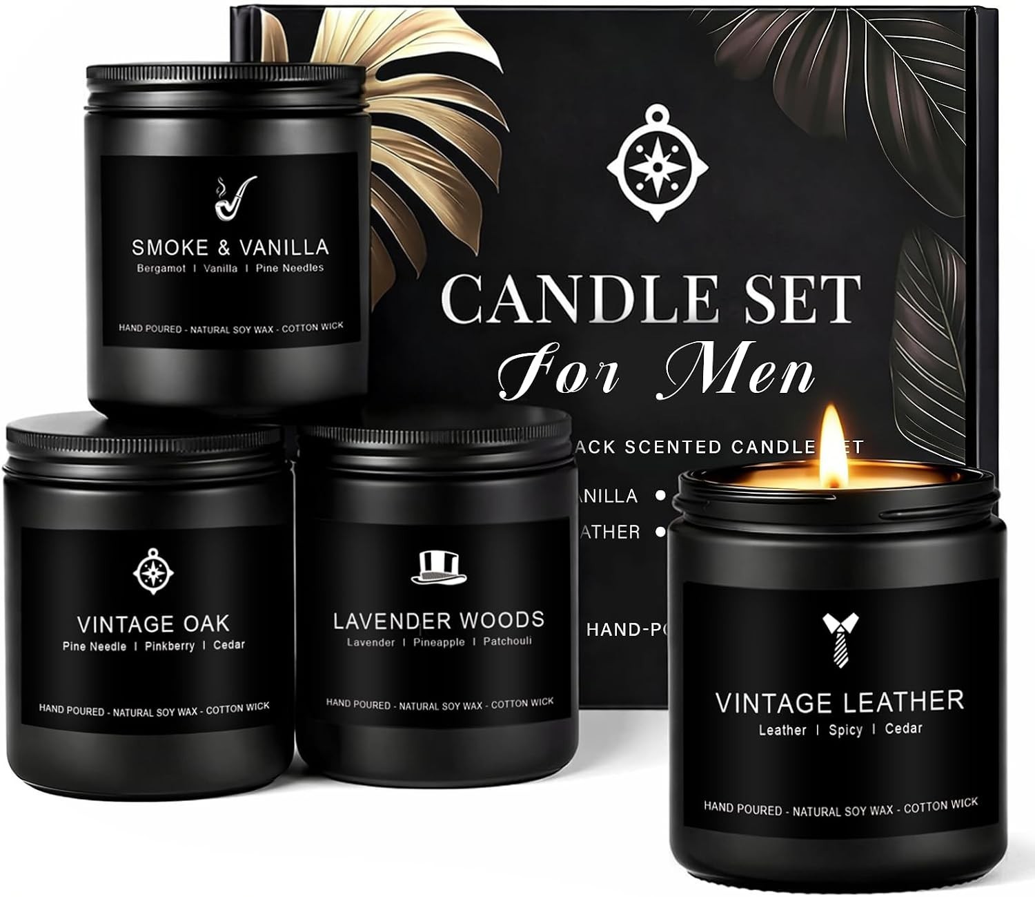 Candles for Men Gift Set, 4 Pack Masculine Scented Soy Candles for Men, Leath…