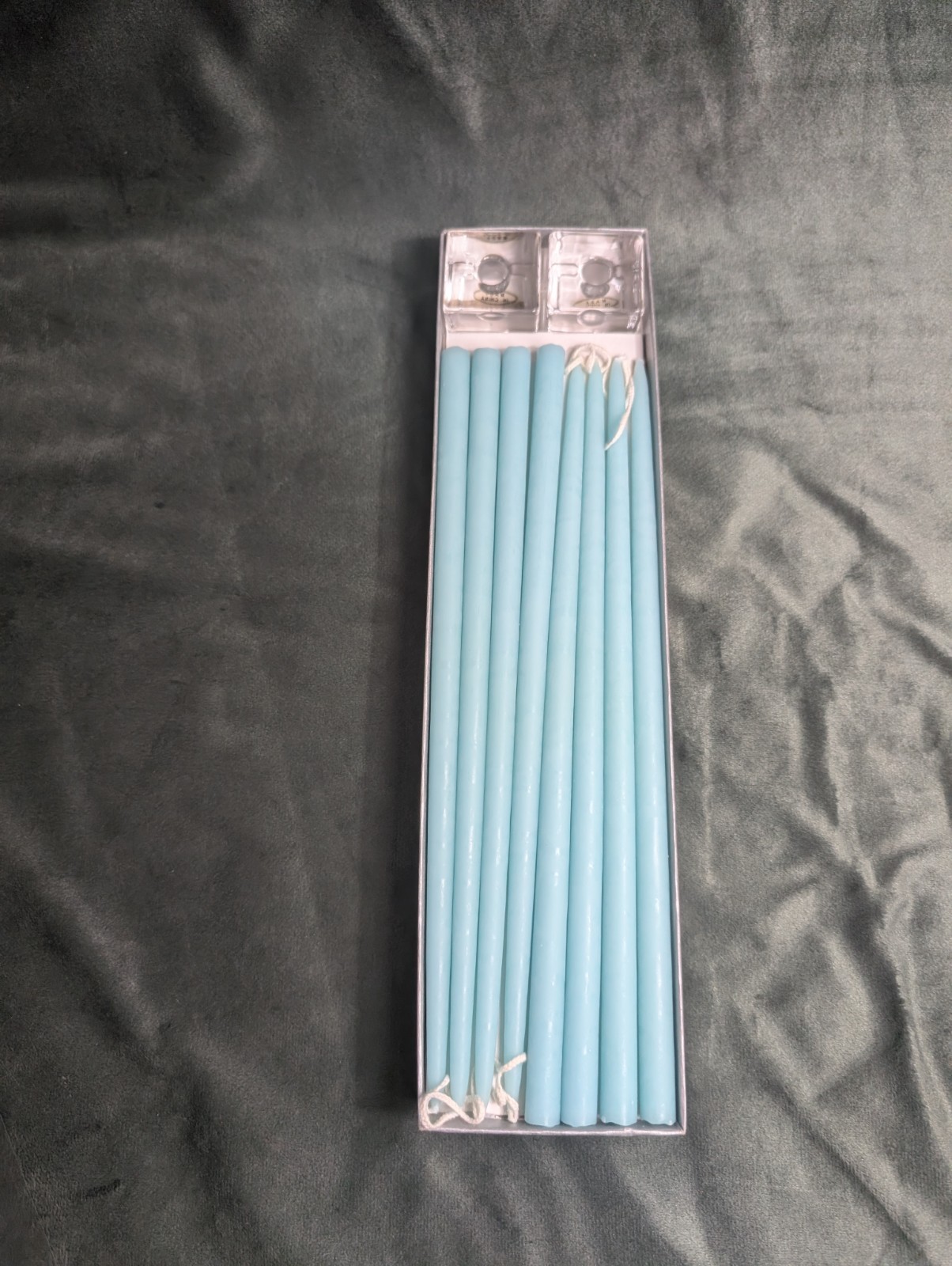 Creative Candles Vintage New in Box 8 Blue Tapers 12 x 1/2 + 2 Candle Holders