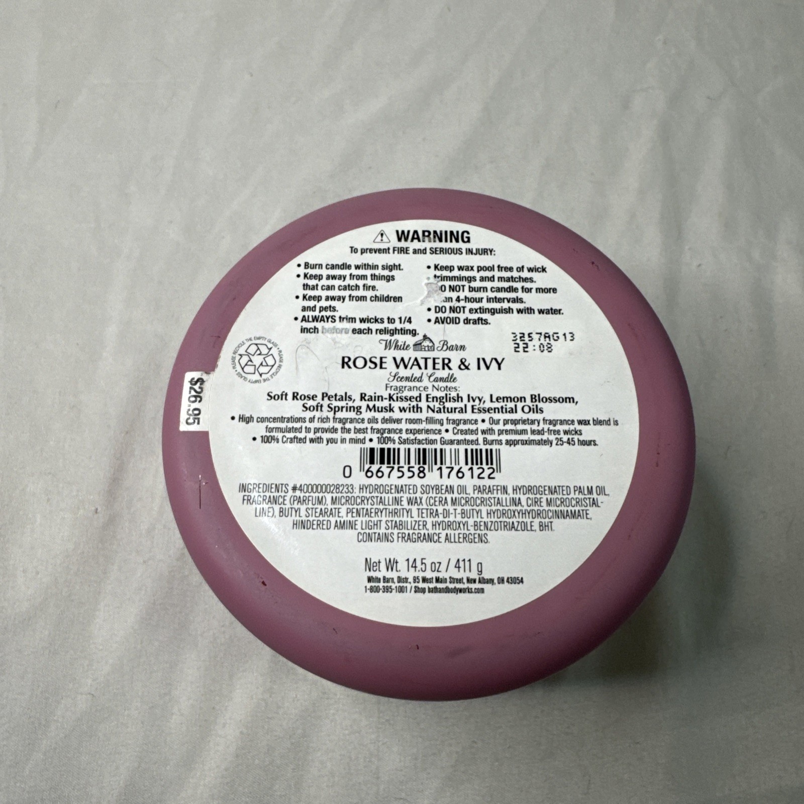 Bath & Body Works Rose Water and Ivy 3 Wick Candle 14.5 oz Jar White Barn