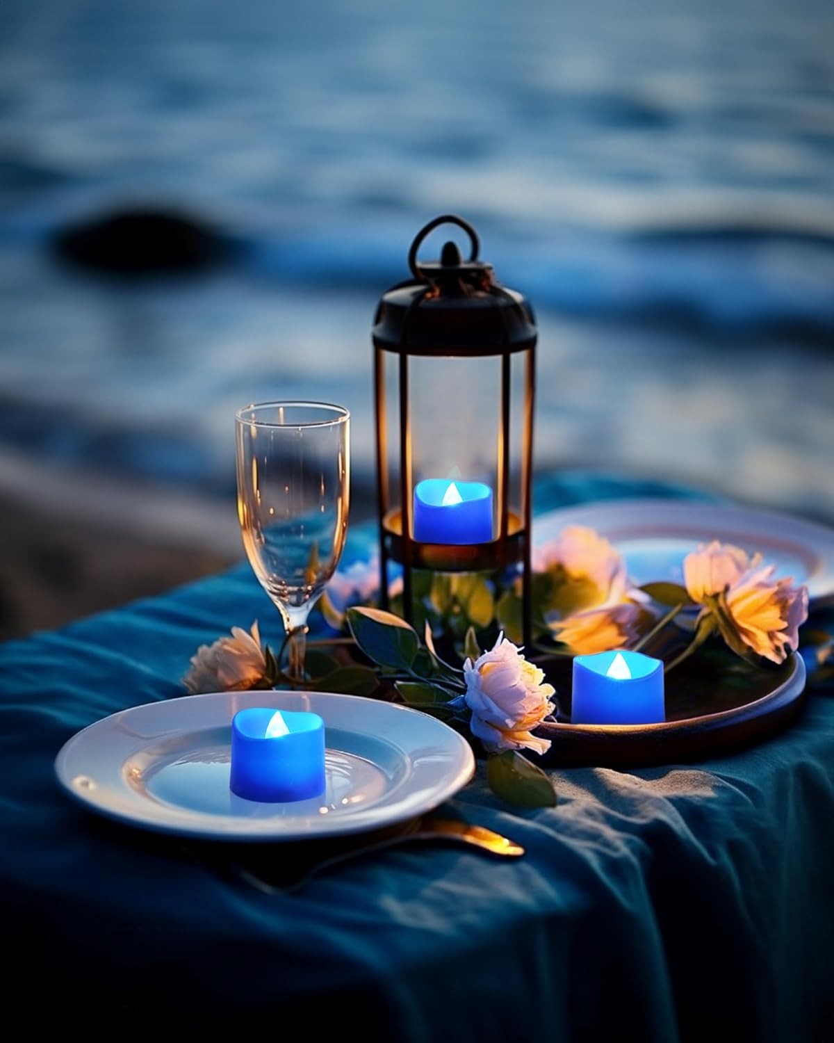 12pc Blue Tea Lights Candles Battery Operated, 200hr Flameless Flickering Candle