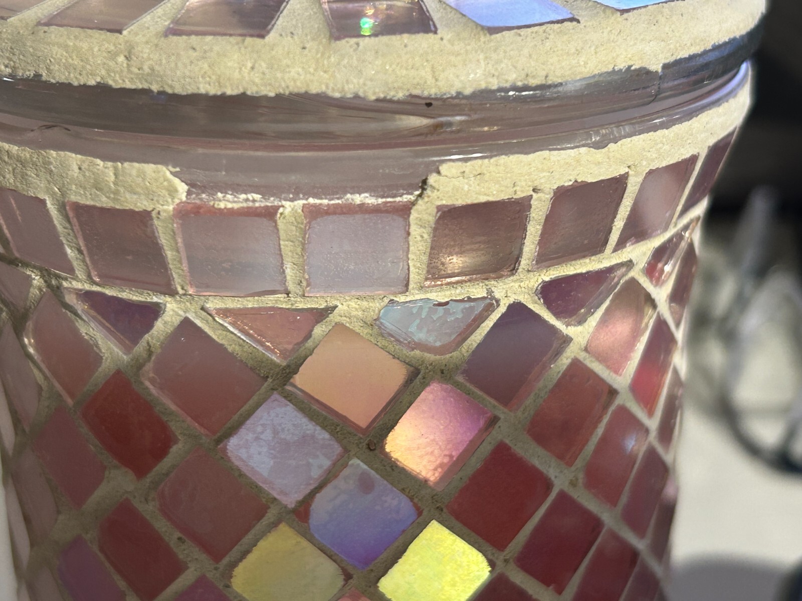 Pier 1 Imports Mosaic Ocean Pearl Candle Jar Pink Iridescent Breast Cancer Pin