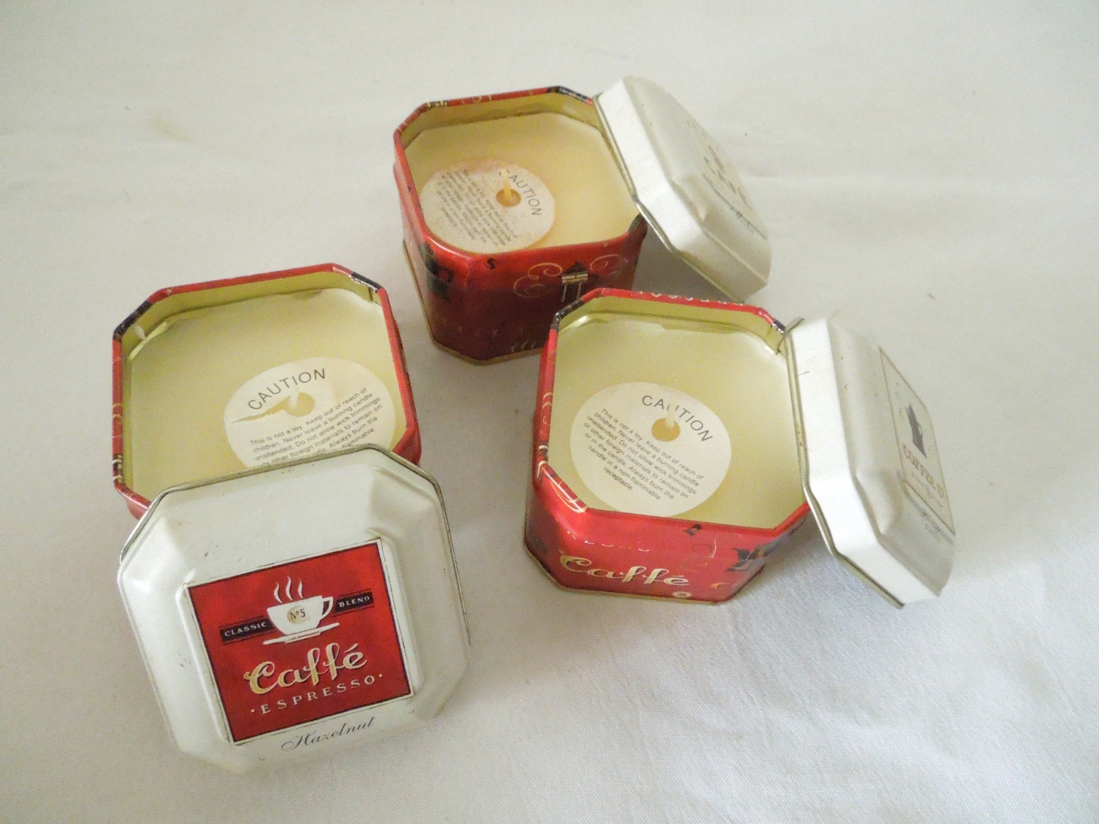 Set of 3 Scented Candles in Tin Boxes 2 1/2″ Square Coffee Design NEW!