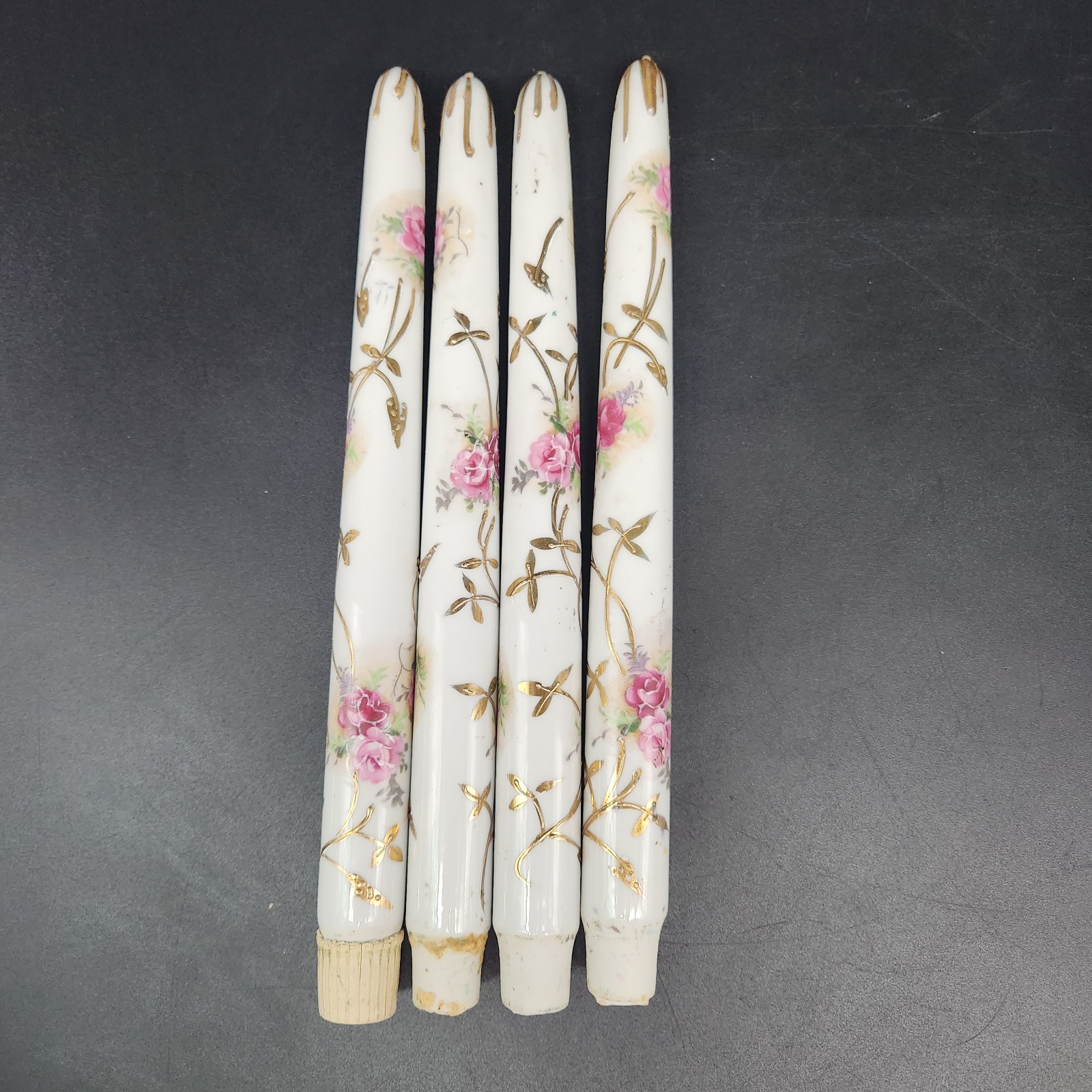 Set of 4 Antique? Porcelain Faux Taper Candles Hand Painted Floral Gold Accents