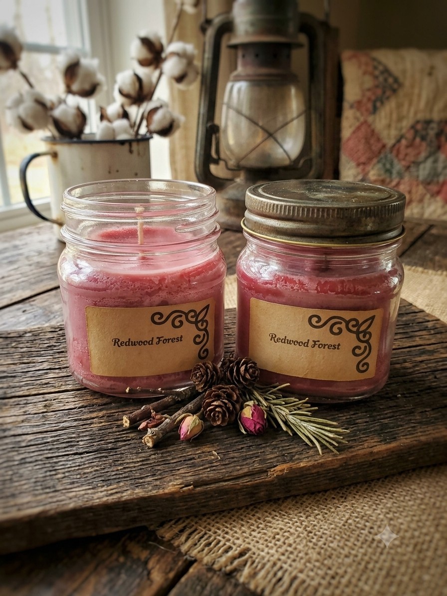 Redwood Forest Scented Soy Candle 8oz Mason Jar Hand Poured Homemade Woodsy
