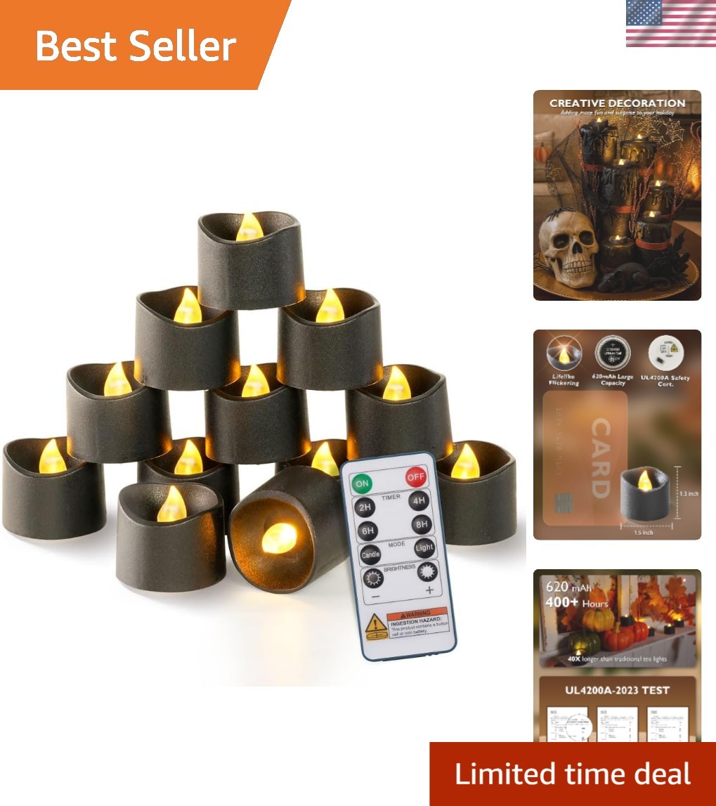 Flickering Black Flameless LED Tealights – 10-Key Remote & 400-Hour Battery Life