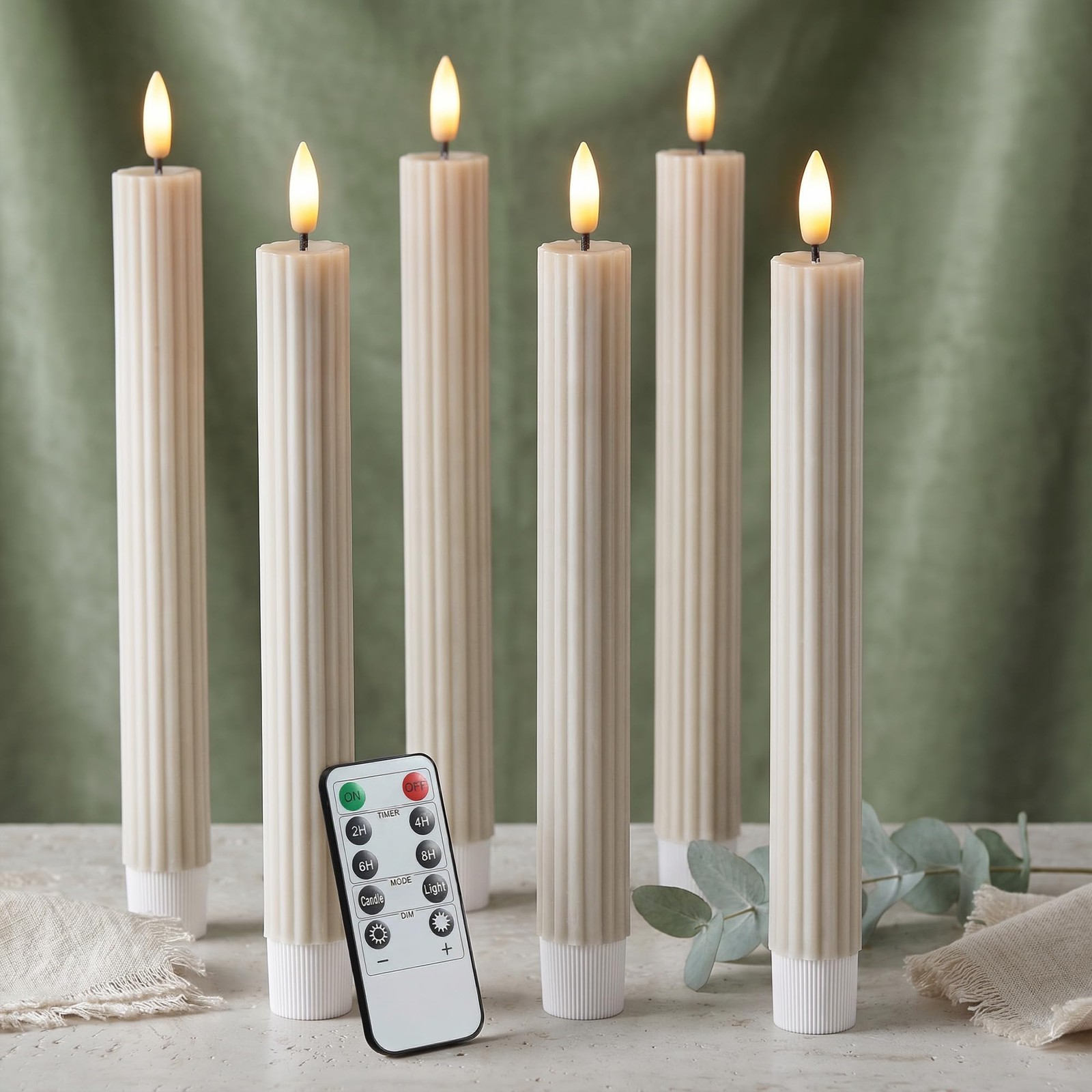 6 PCS Fluted LED Cream Beige Taper Candles Remote Dimmable Battery 10 Inch