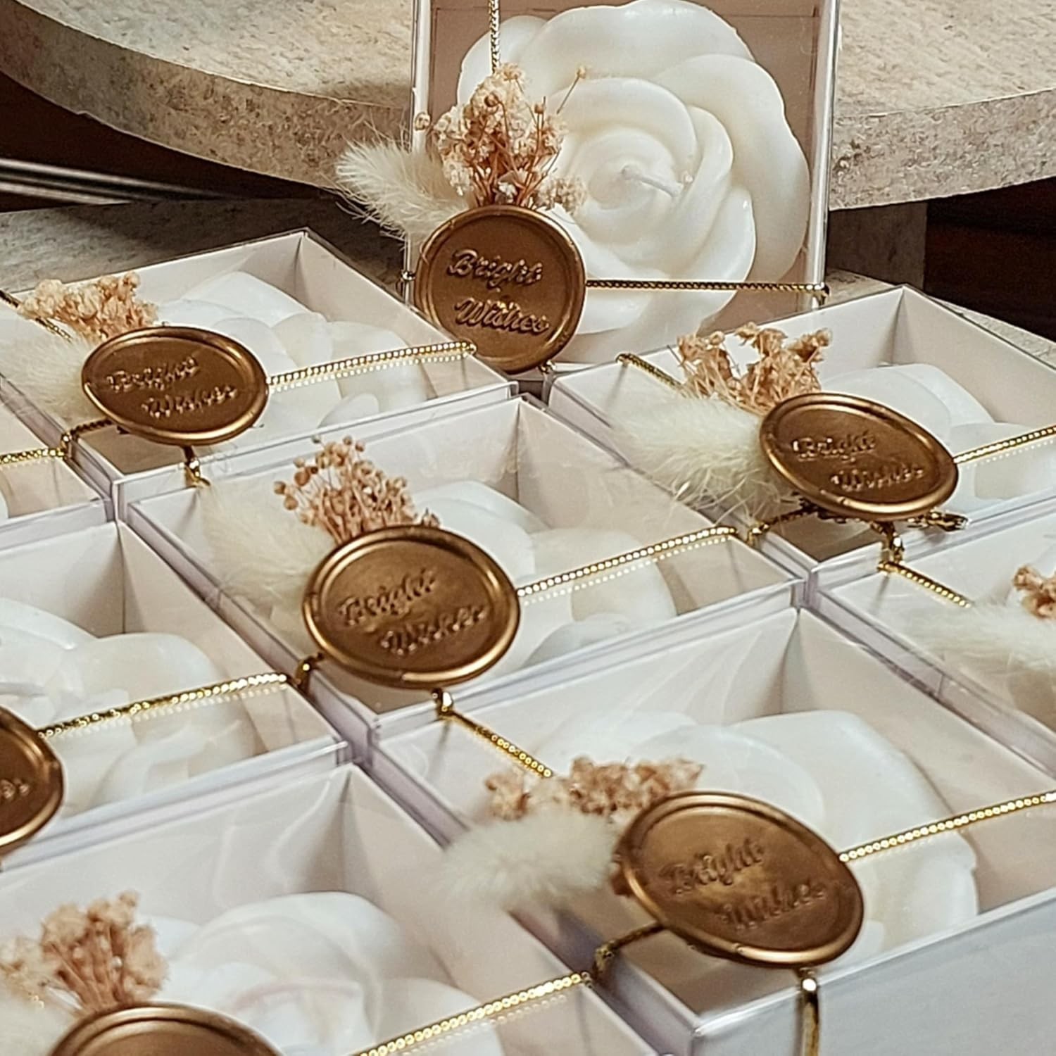 White Rose Shaped Scented Soy Wax Candle Favors 12 Pieces with Seal Wax and D…