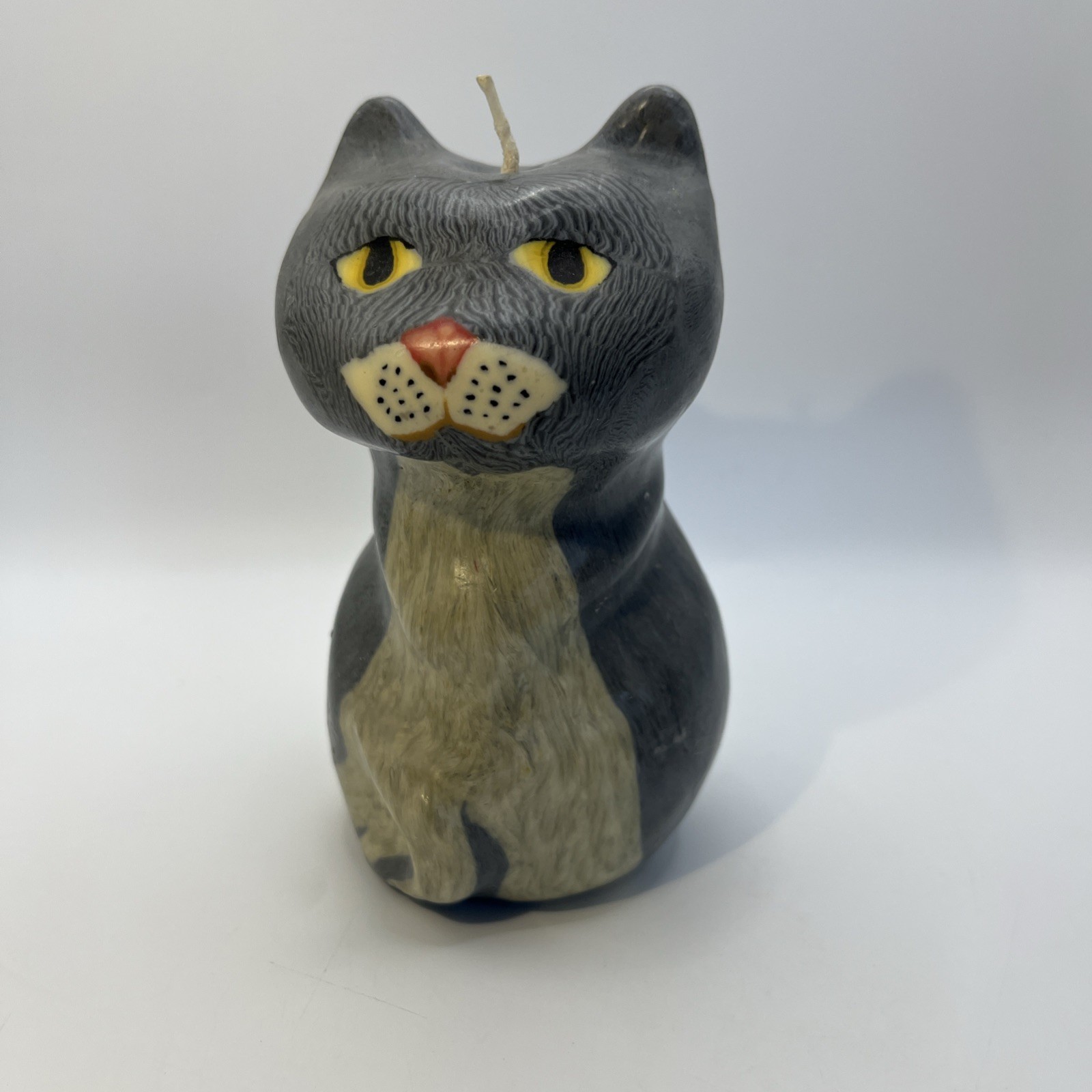 Vtg Gray Tuxedo Yellow Eye Cat Candle 5.5” Wax Figurine Pets Decor Collectible