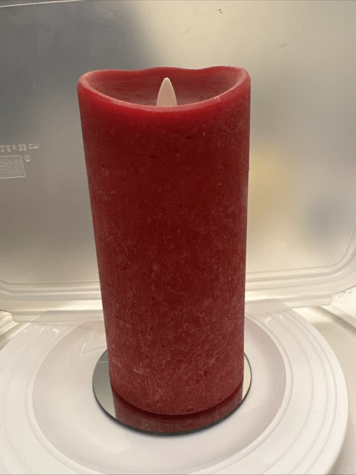 Bethlehem Lights Touch Candle Red 7” Tall Open Box With Mirror Tray Disc