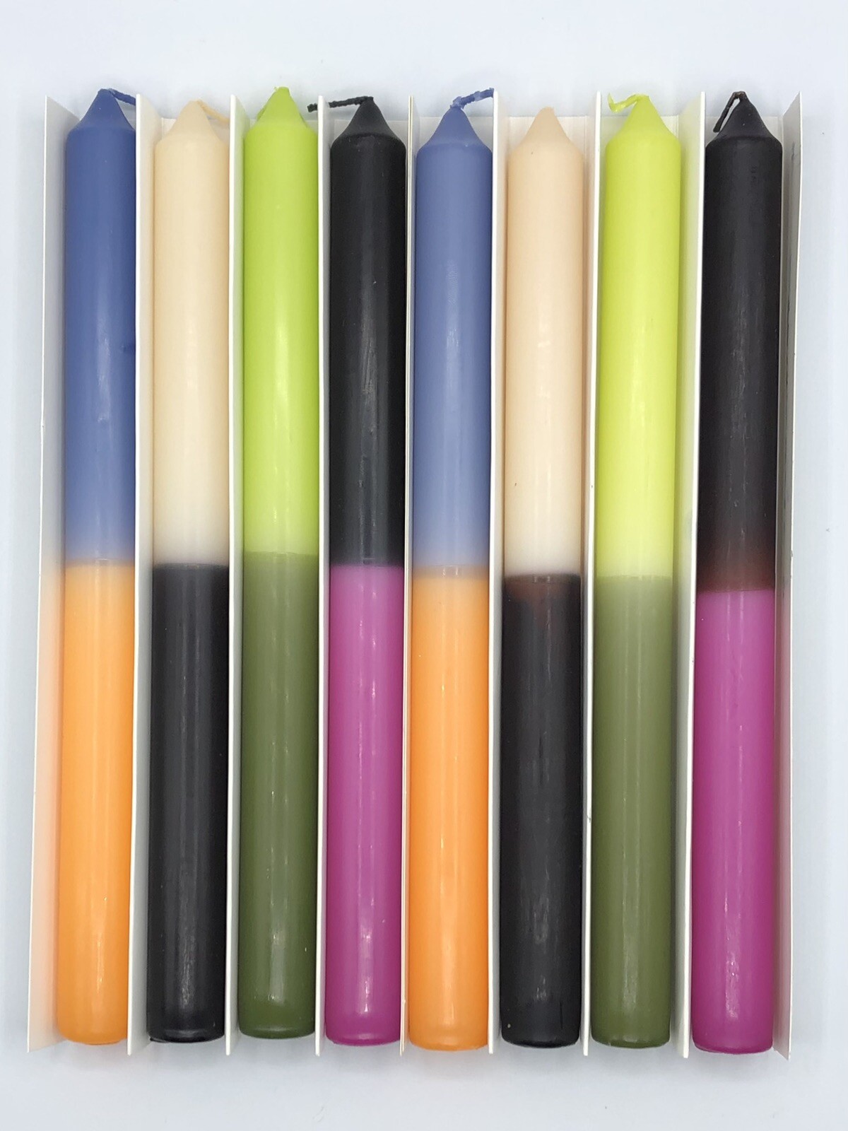 New – Multi Color 10″ Two-Tone Taper Candle Set of 8 – Color-Block Tall Candles